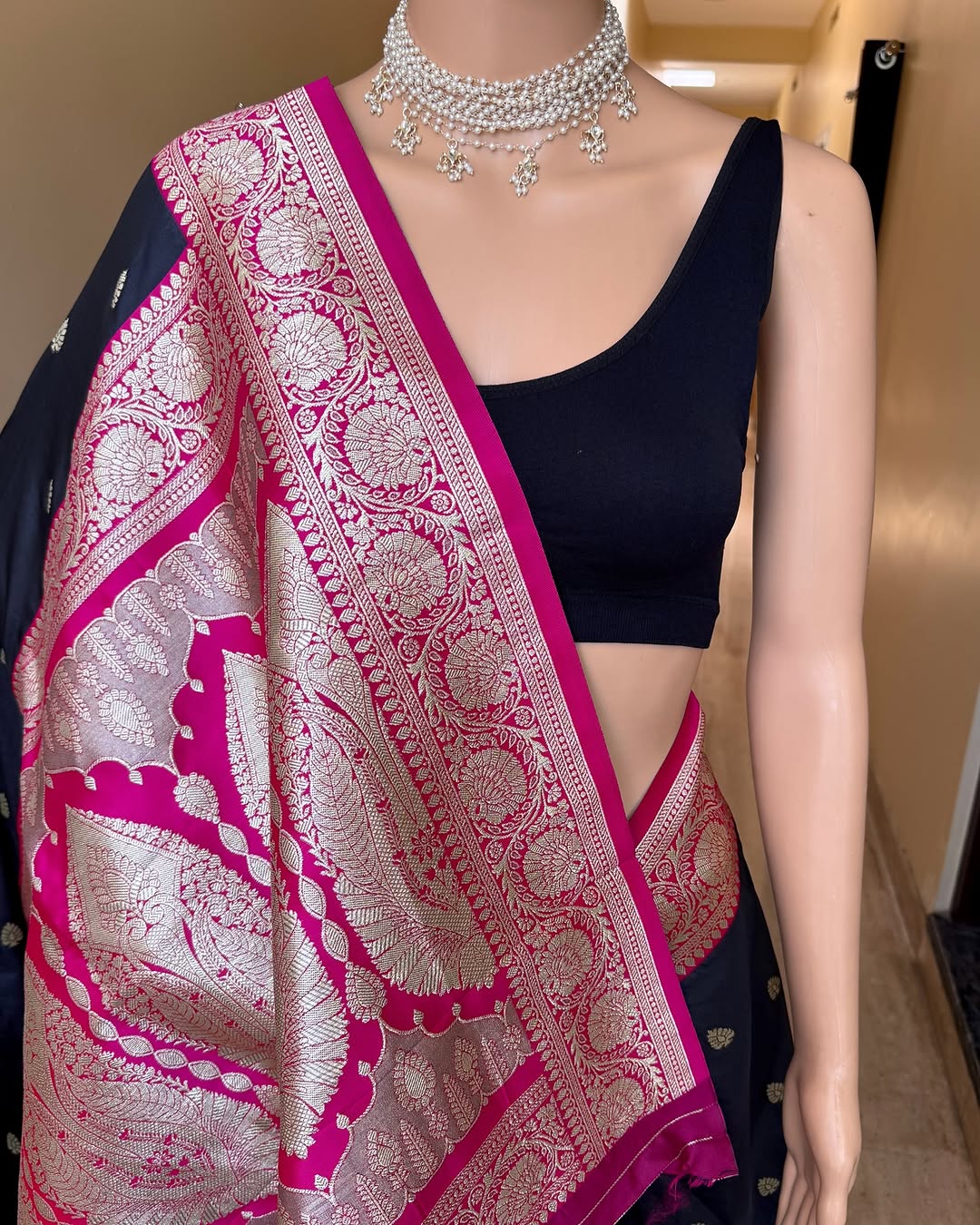 BLACK ART SILK SAREE WITH PINK BORDER