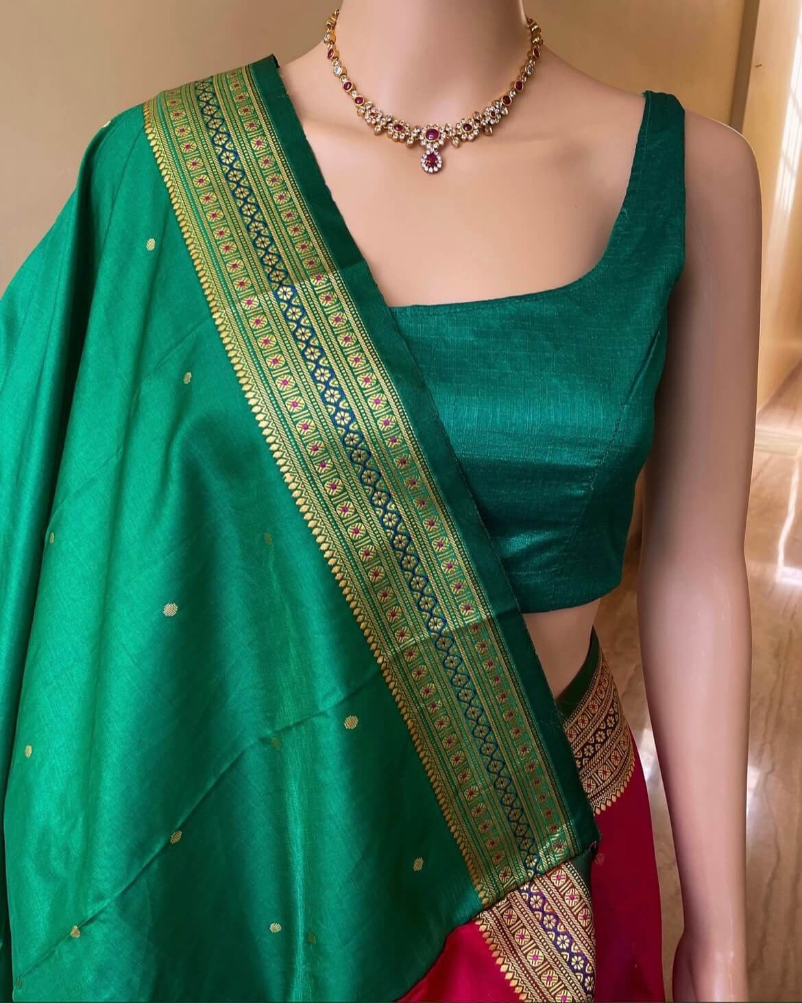 PINK SATIN SILK SAREE WITH GREEN BORDER