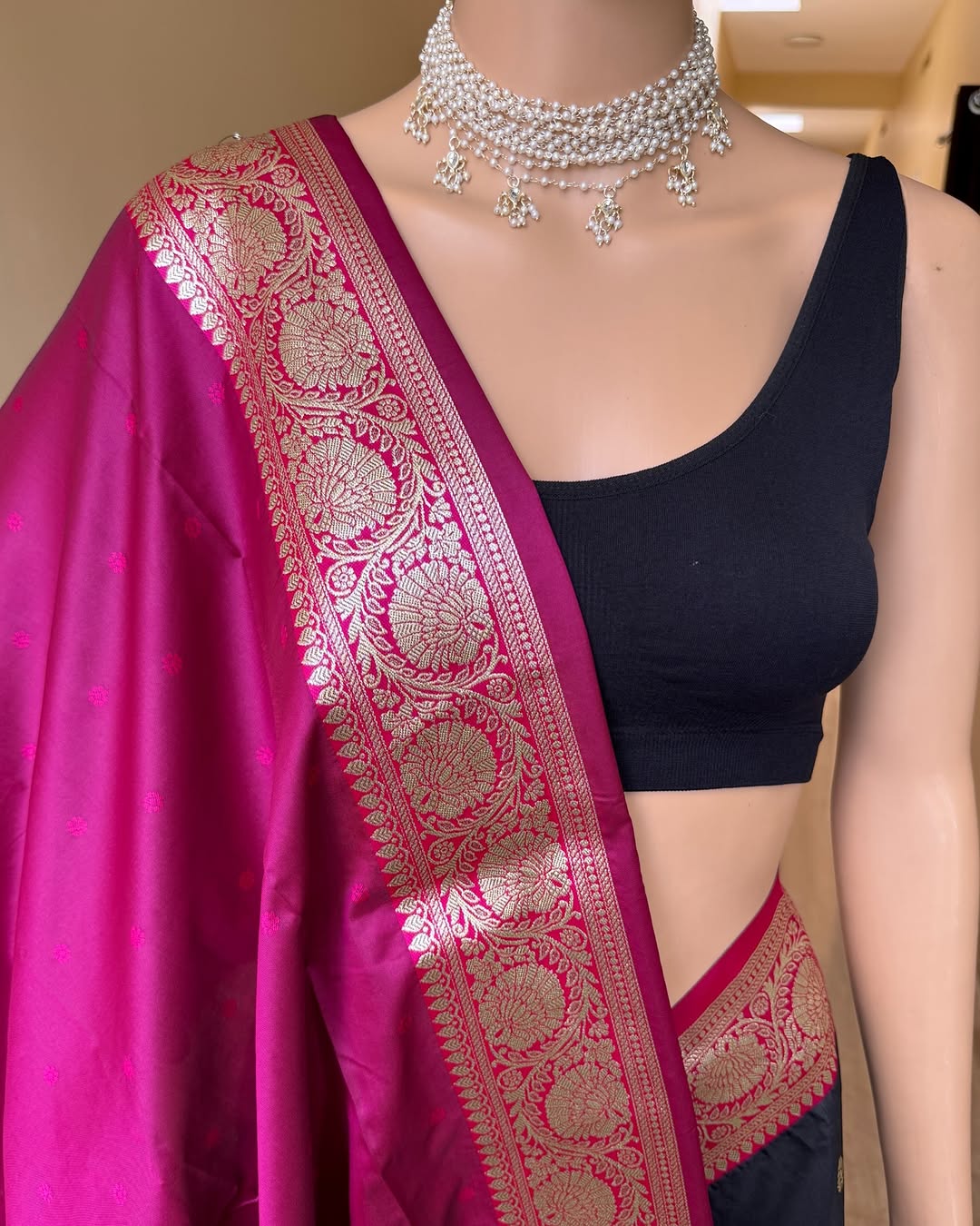 BLACK ART SILK SAREE WITH PINK BORDER