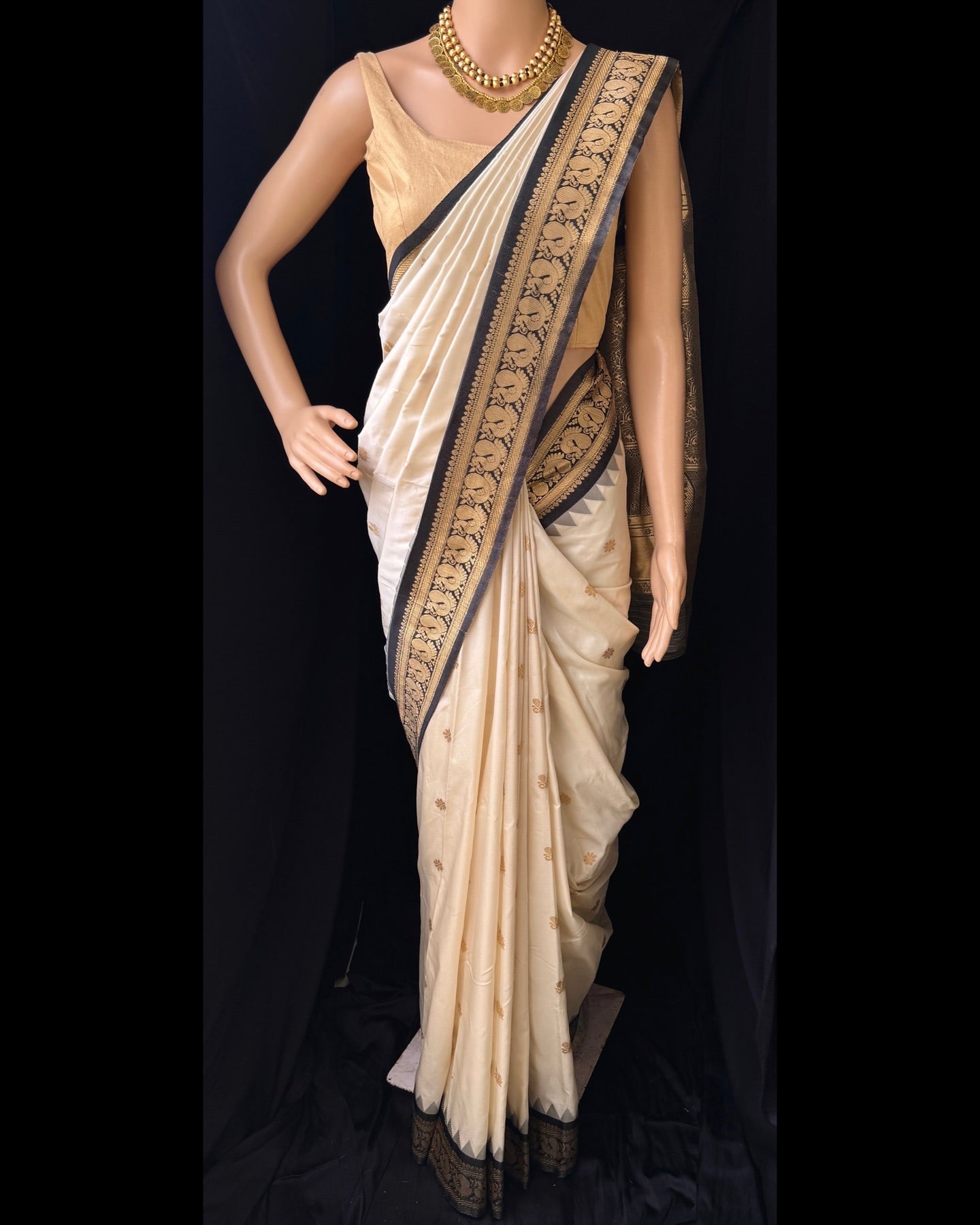 OFF WHITE ART SILK SAREE WITH BLACK BORDER