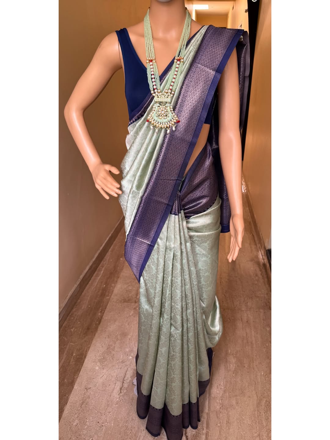 PISTA GREEN ART SILK SAREE WITH COPPER SILVER BORDER