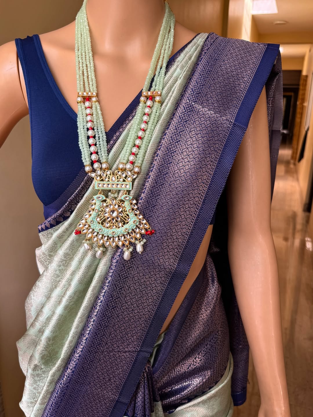 PISTA GREEN ART SILK SAREE WITH COPPER SILVER BORDER