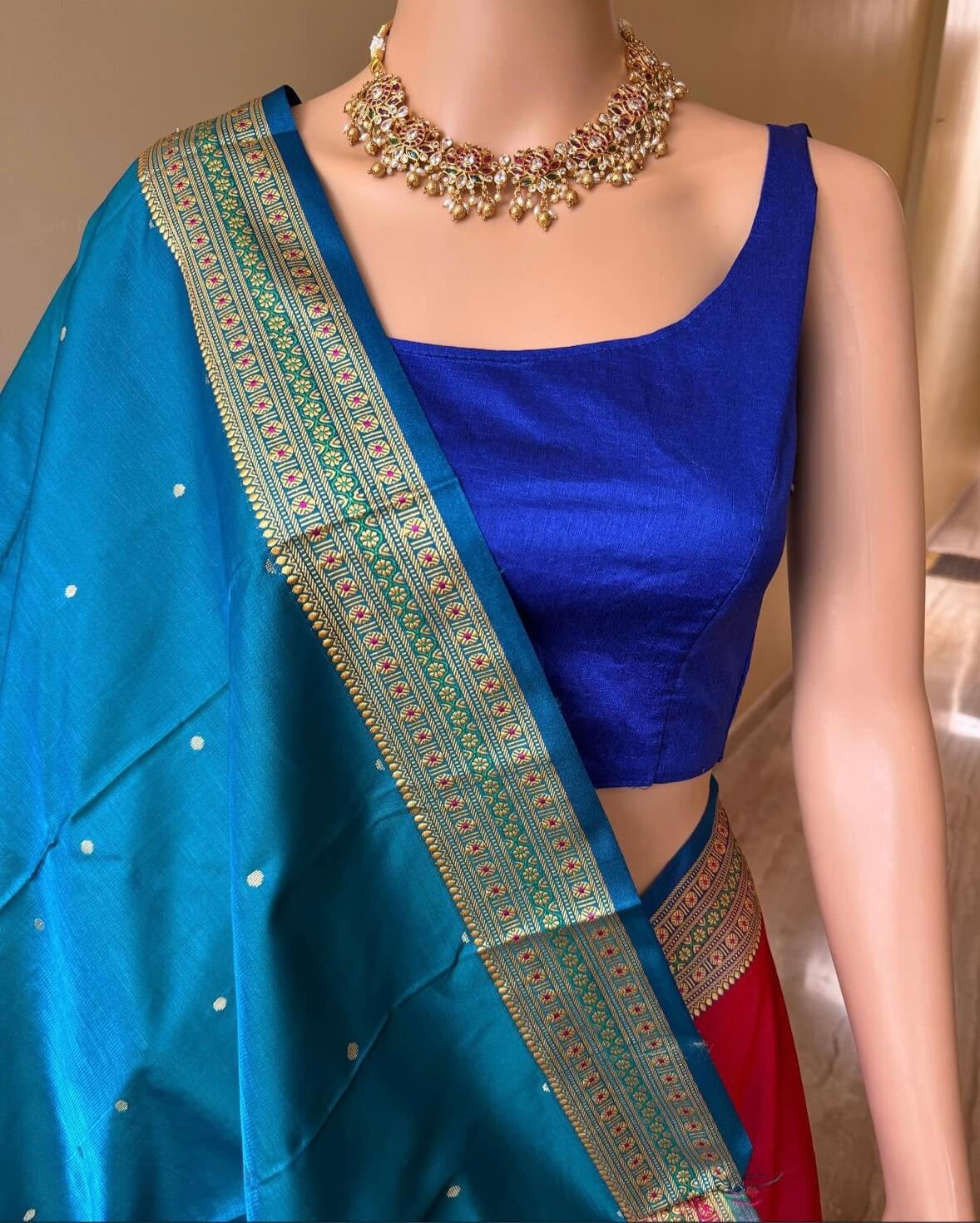 RANI PINK SATIN SILK SAREE WITH BLUE BORDER