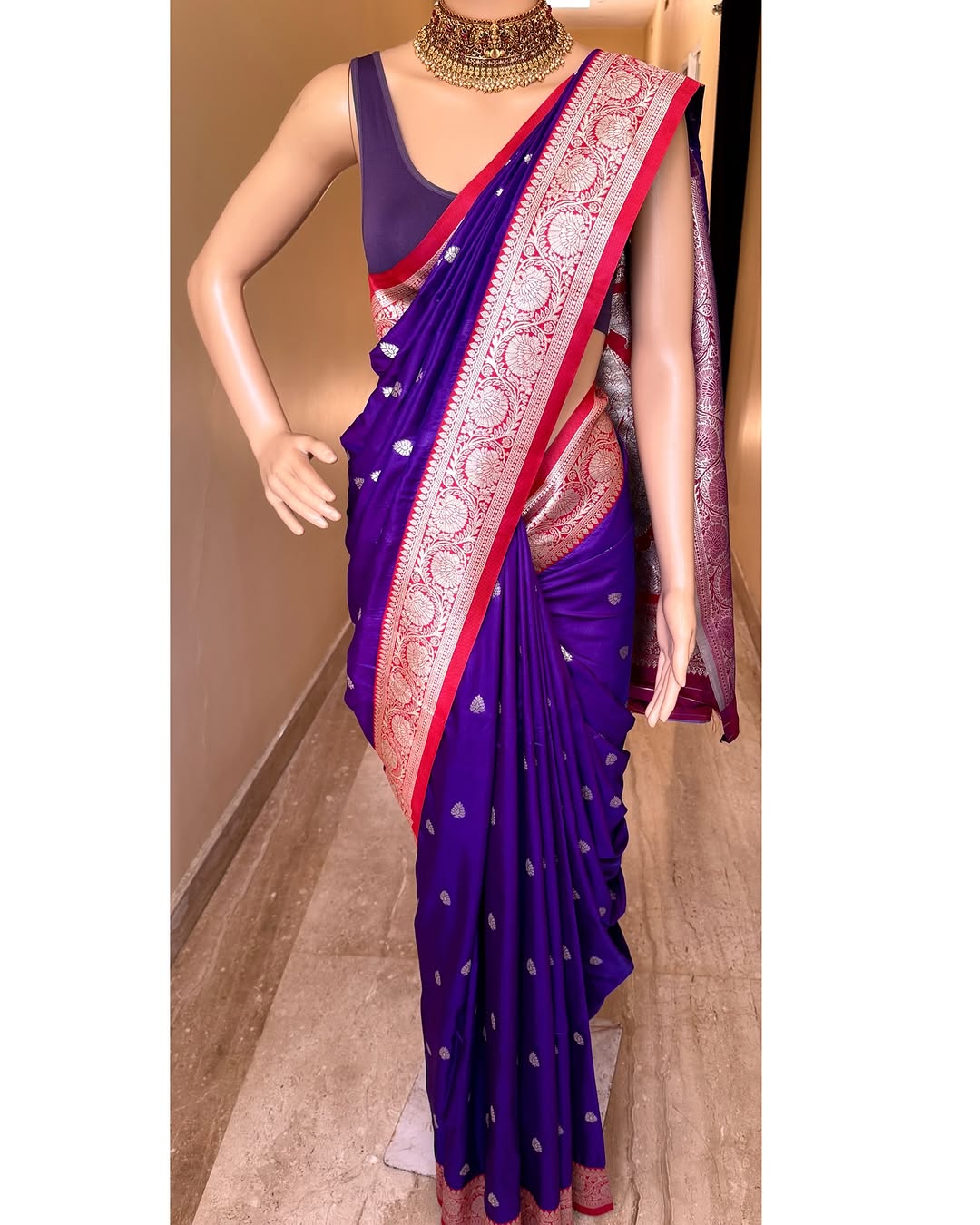 VIOLET ART SILK SAREE WITH RED BORDER