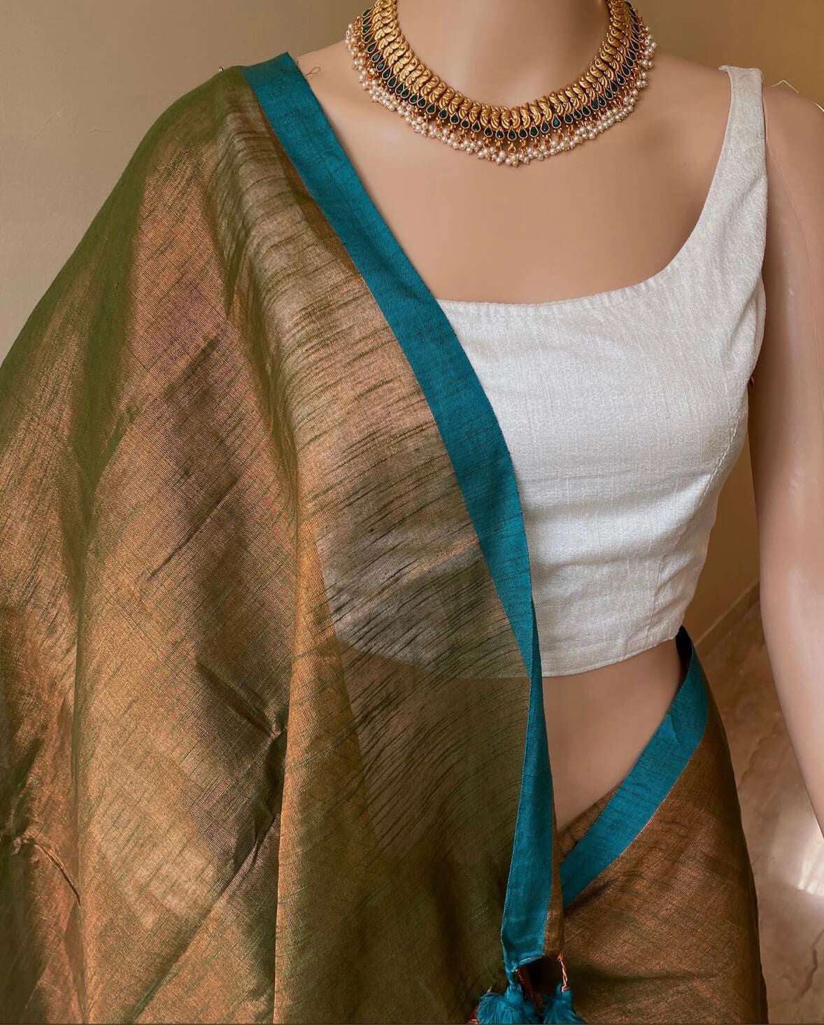 OLIVE GREEN TISSUE COTTON SAREE