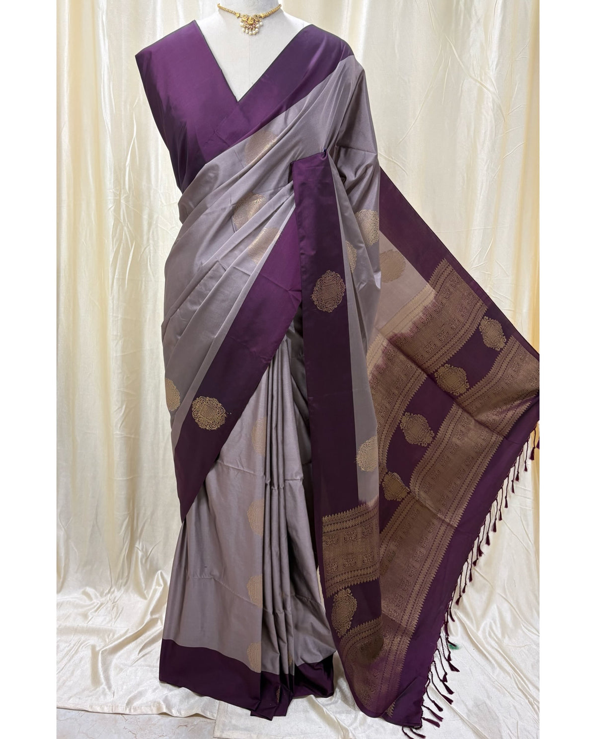 Ash soft silk saree with magenta border.