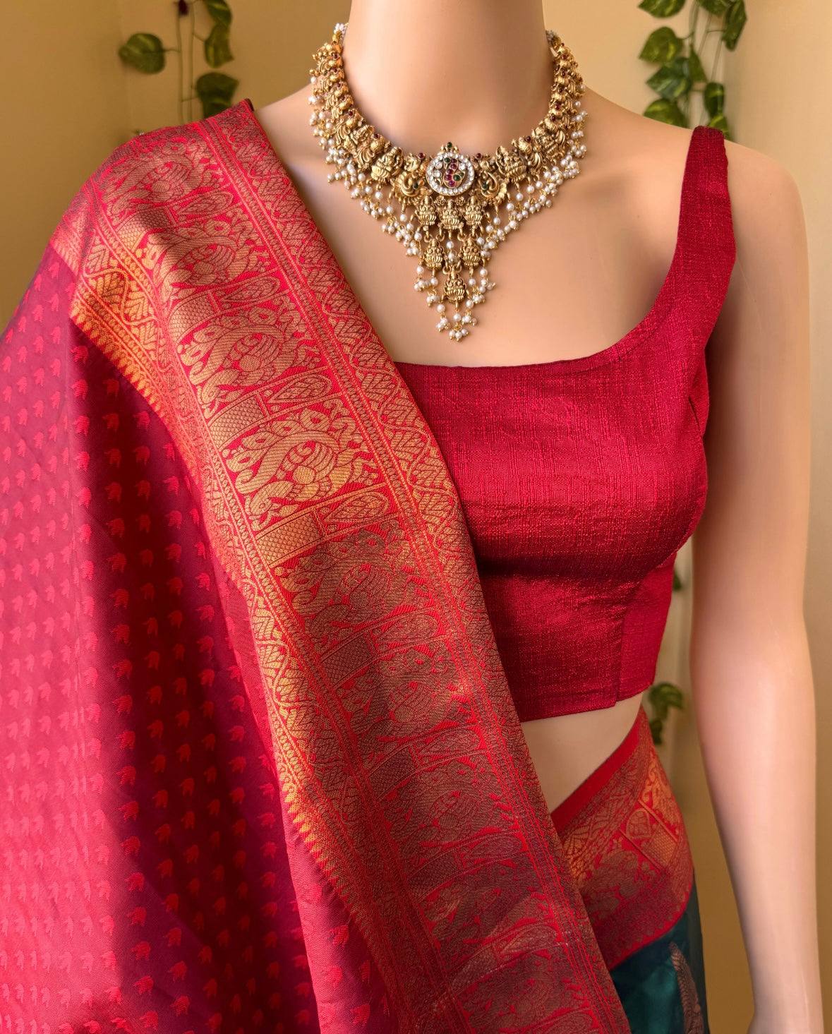 BOTTLE GREEN ART SILK SAREE WITH RED BORDER