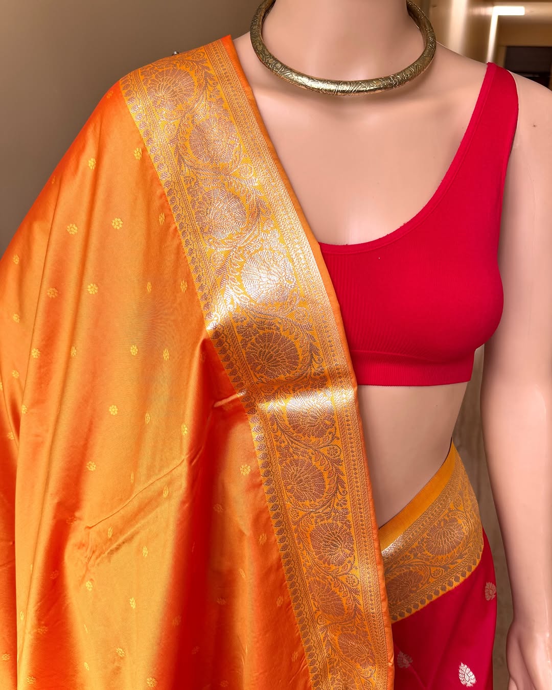 CHILLI RED ART SILK SAREE WITH YELLOW BORDER