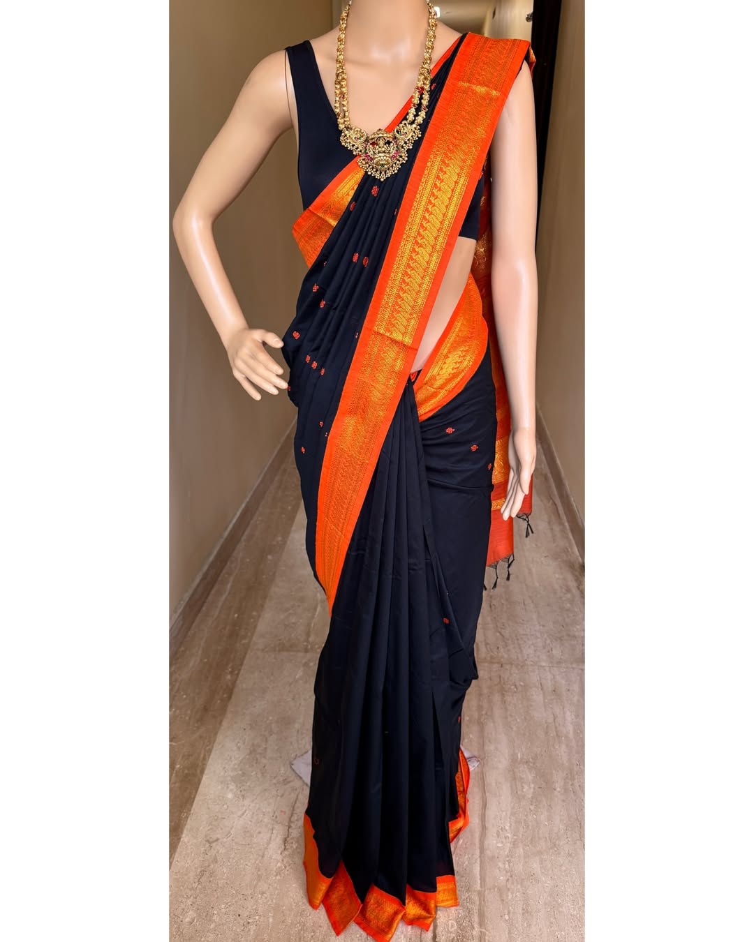 BLACK COTTON SILK SAREE WITH TRADITIONAL ORANGE BORDER