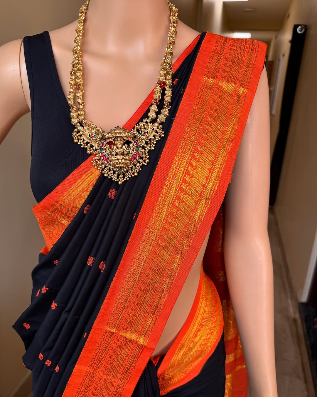 BLACK COTTON SILK SAREE WITH TRADITIONAL ORANGE BORDER