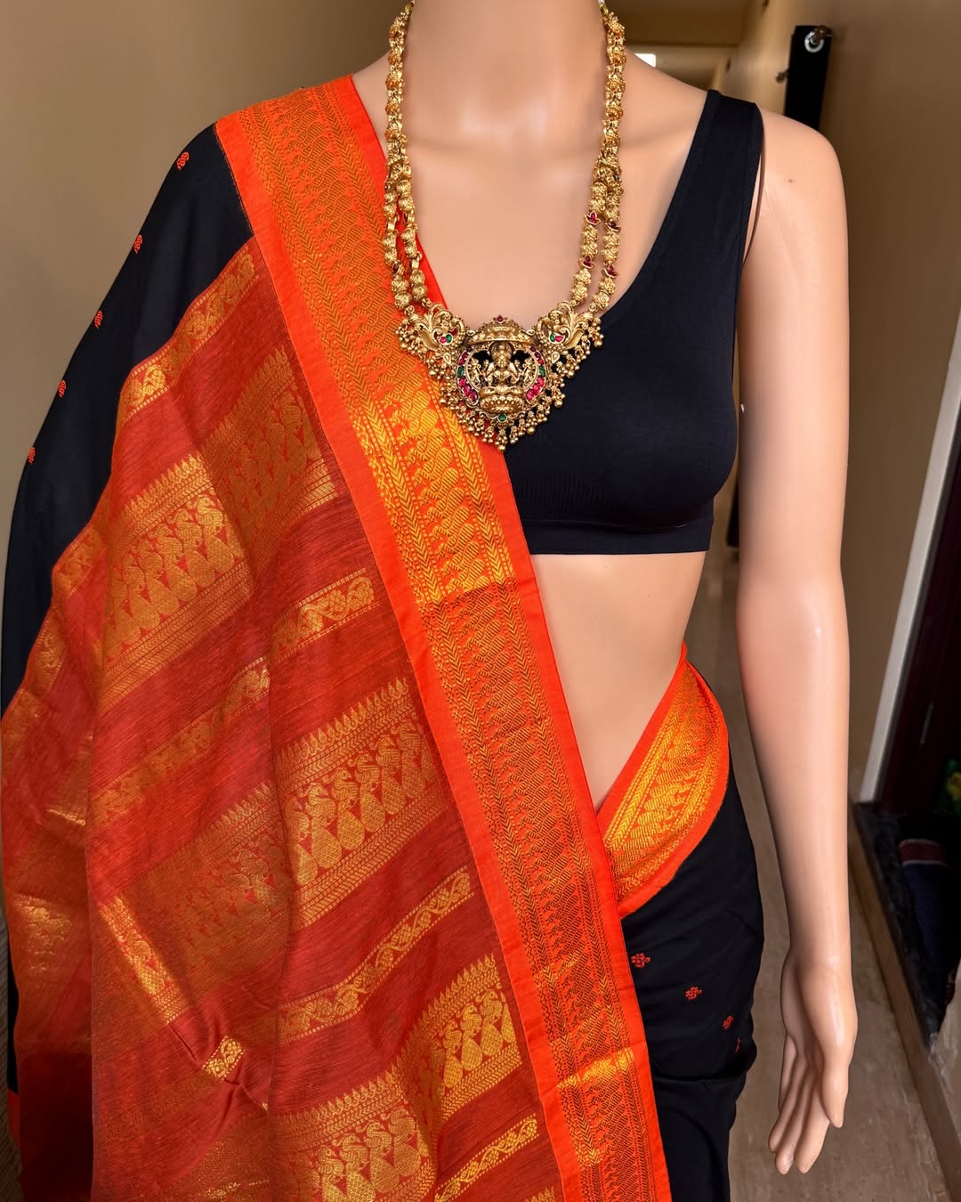 BLACK COTTON SILK SAREE WITH TRADITIONAL ORANGE BORDER