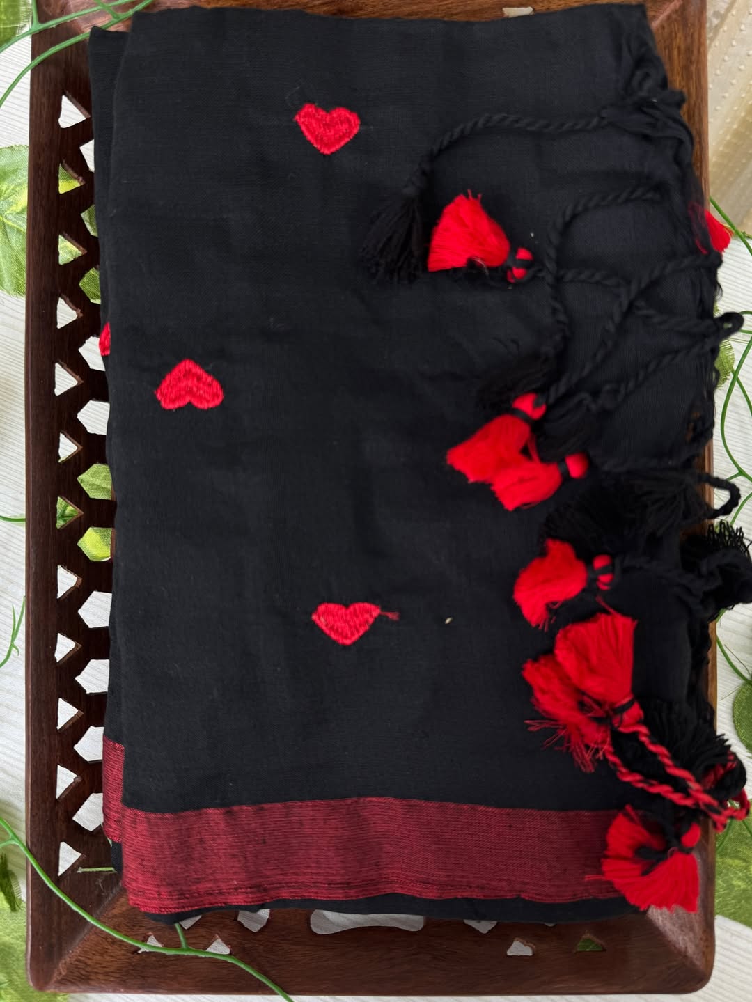 BLACK HEART KHADI COTTON SAREE WITH RED TASSELS