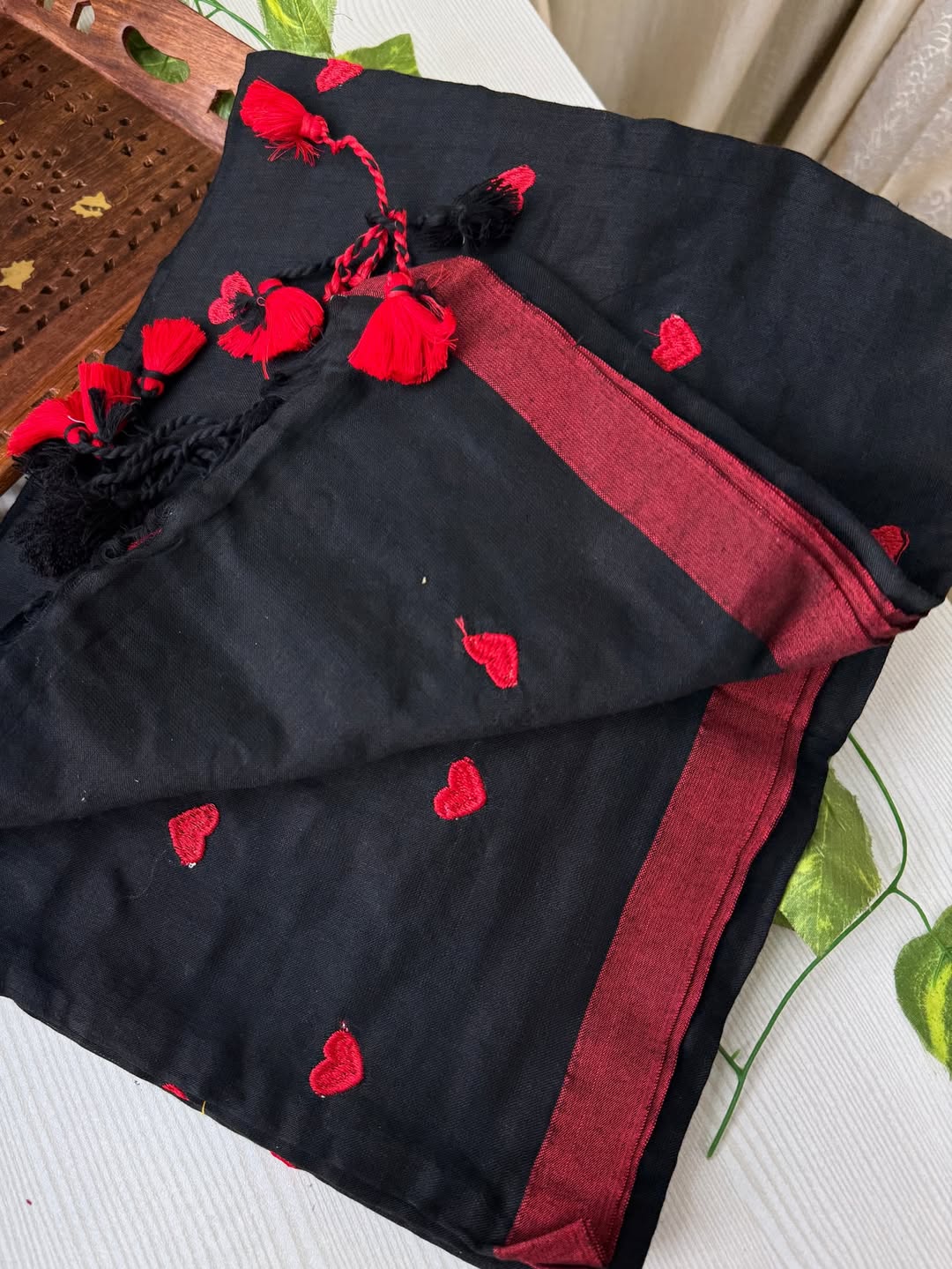 BLACK HEART KHADI COTTON SAREE WITH RED TASSELS