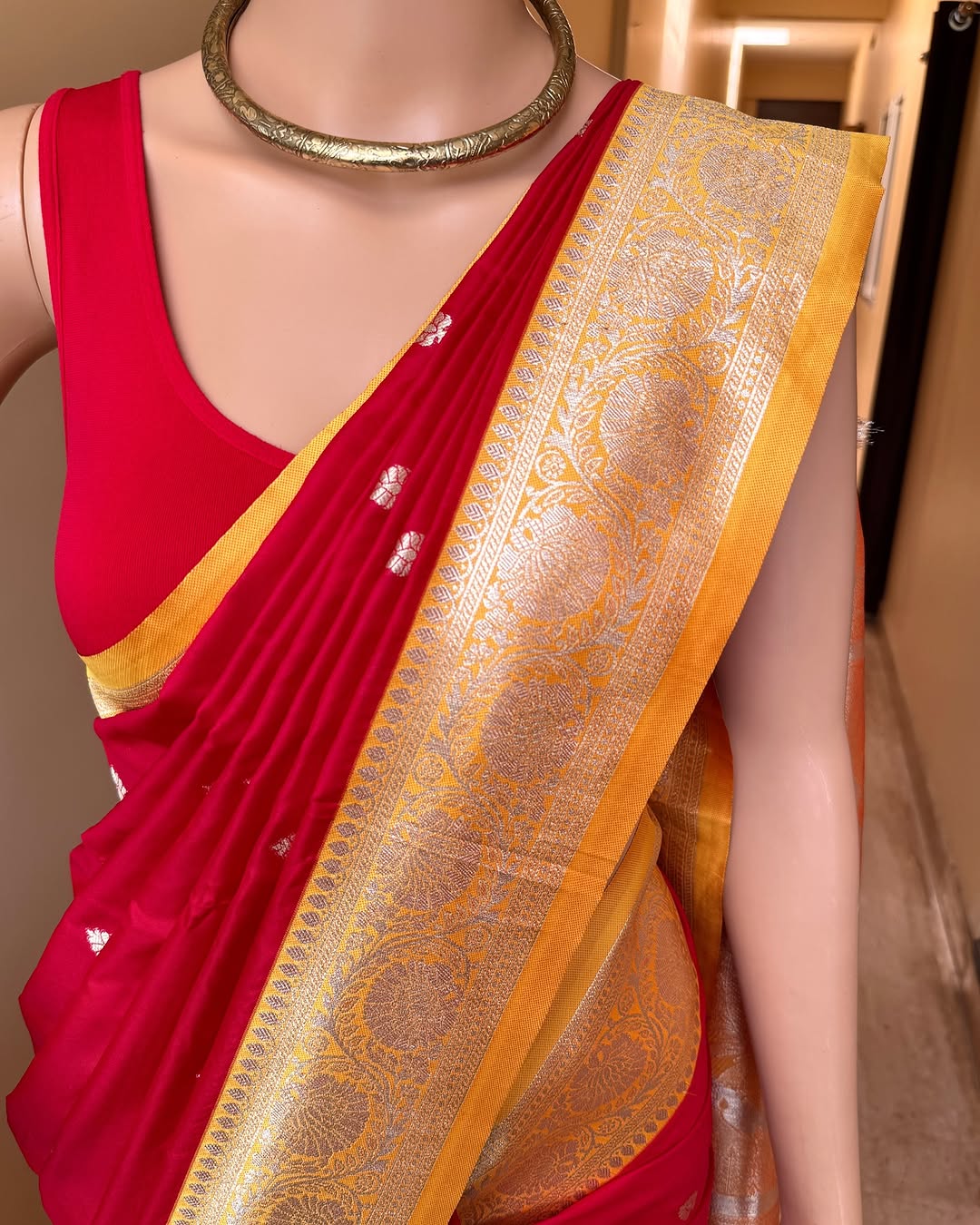 CHILLI RED ART SILK SAREE WITH YELLOW BORDER