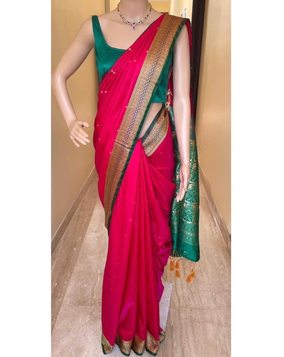 PINK SATIN SILK SAREE WITH GREEN BORDER