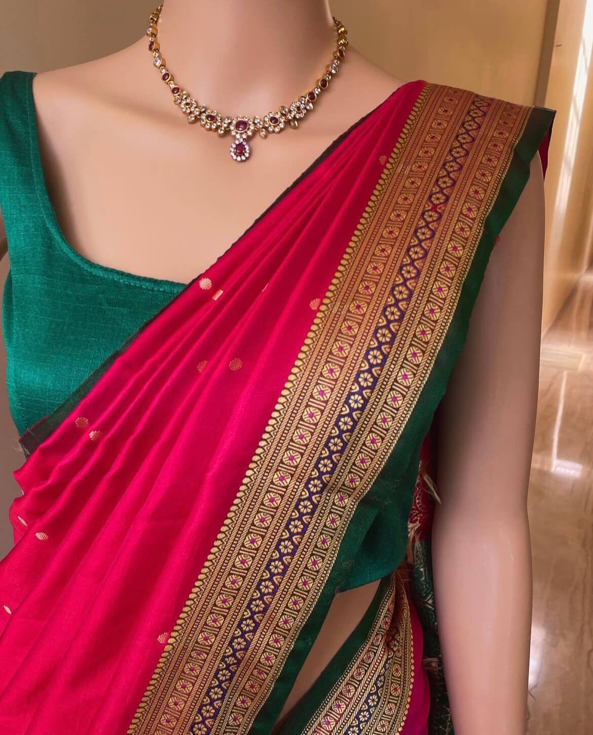 PINK SATIN SILK SAREE WITH GREEN BORDER