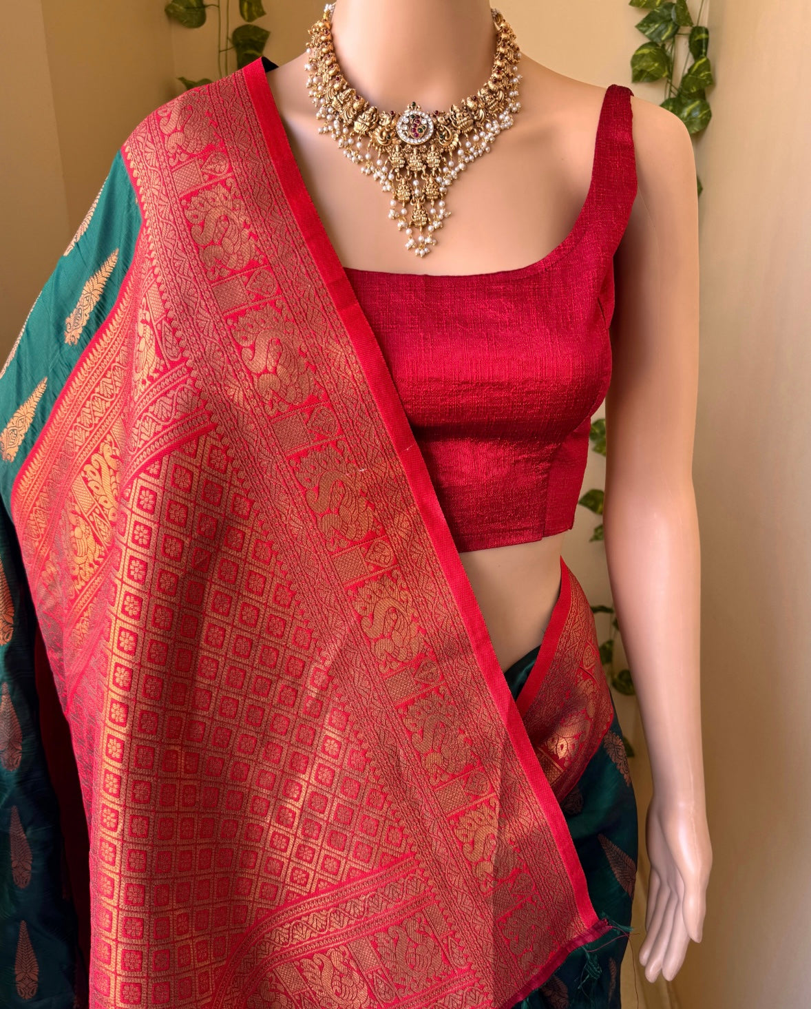 BOTTLE GREEN ART SILK SAREE WITH RED BORDER