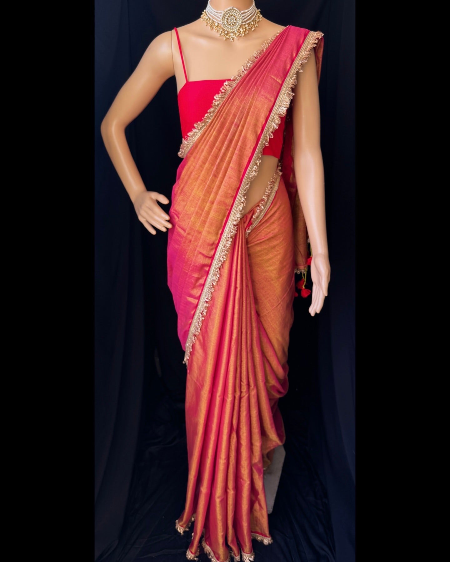 PINK GOLD TISSUE SAREE WITH LACE