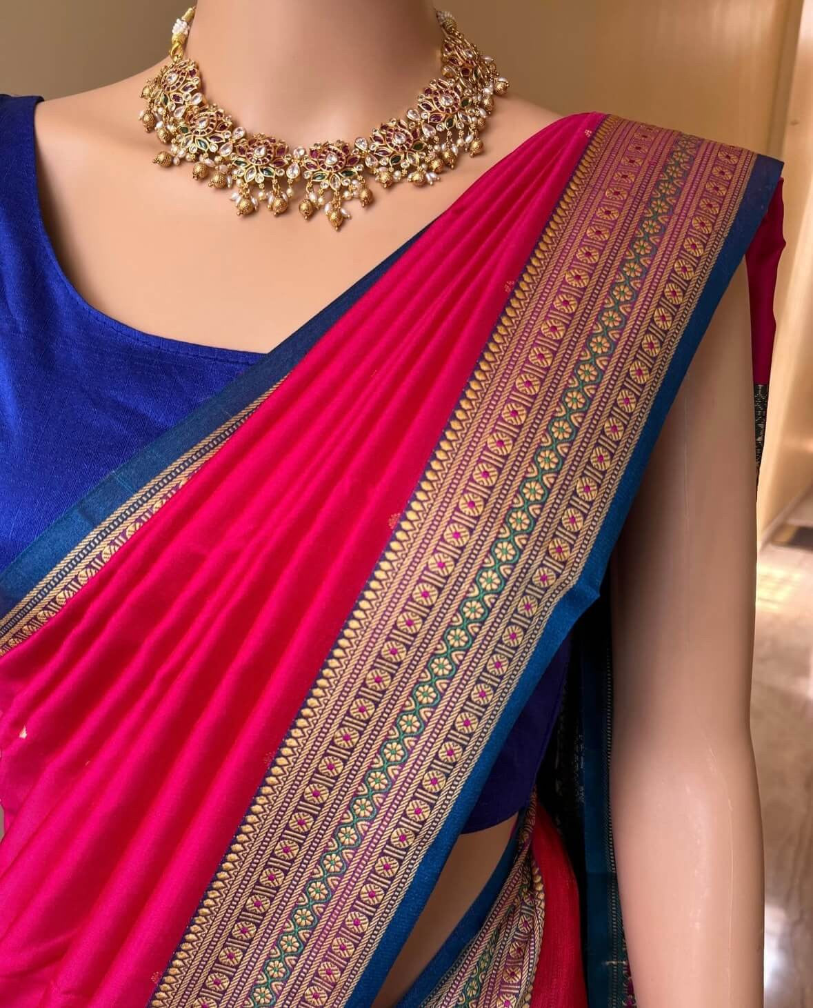 RANI PINK SATIN SILK SAREE WITH BLUE BORDER