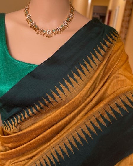 GOLDEN YELLOW COTTON SILK SAREE WITH BOTTLE GREEN TEMPLE BORDER