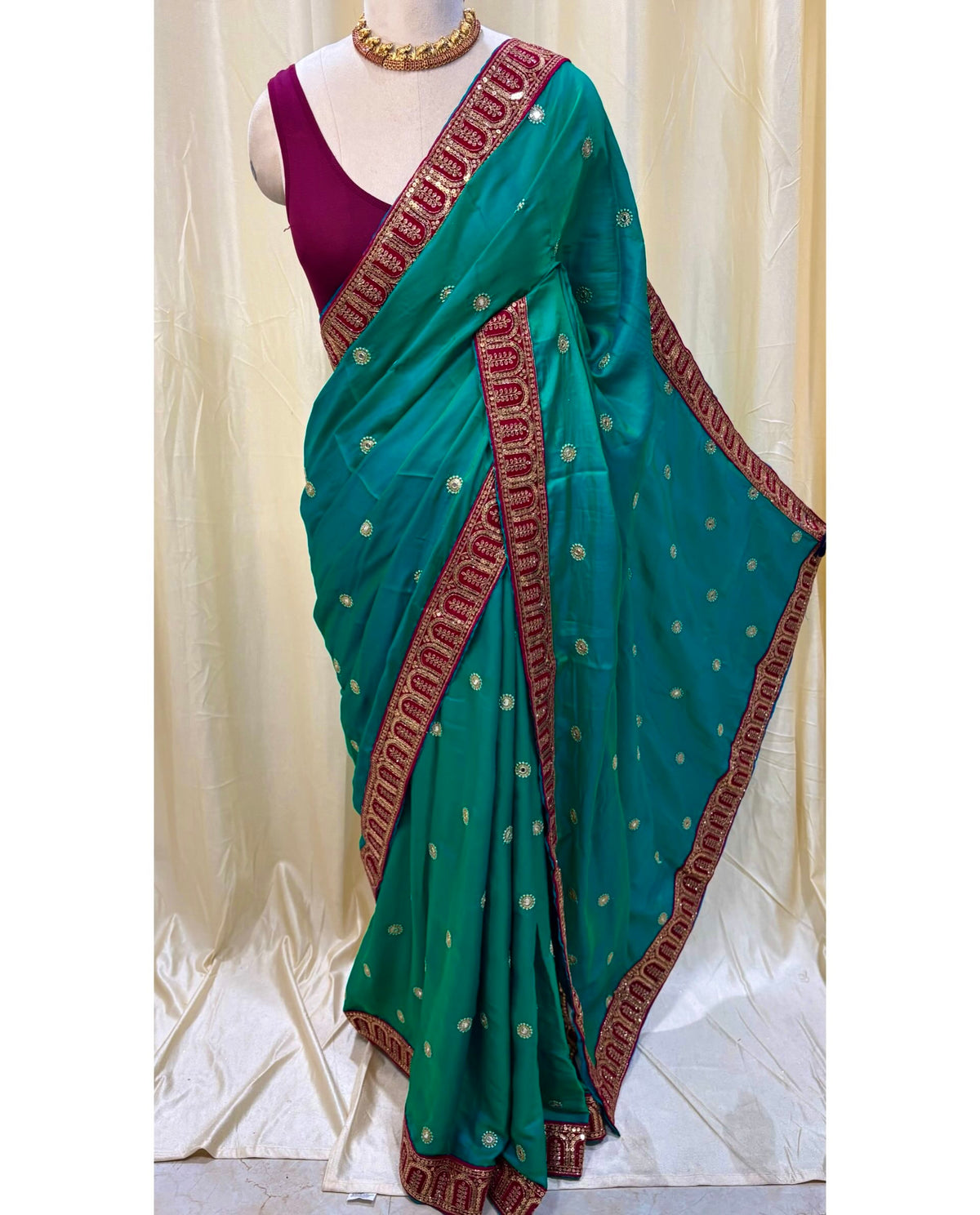 Peacock Green Malai Silk With Sequence Lace