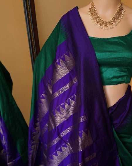 FOREST GREEN COTTON SILK SAREE WITH VIOLET TEMPLE BORDE