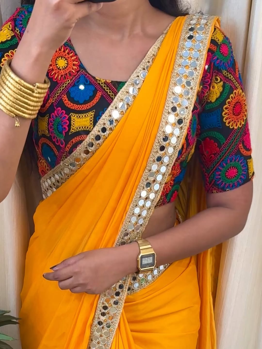 Mango malai silk with mirror lace.