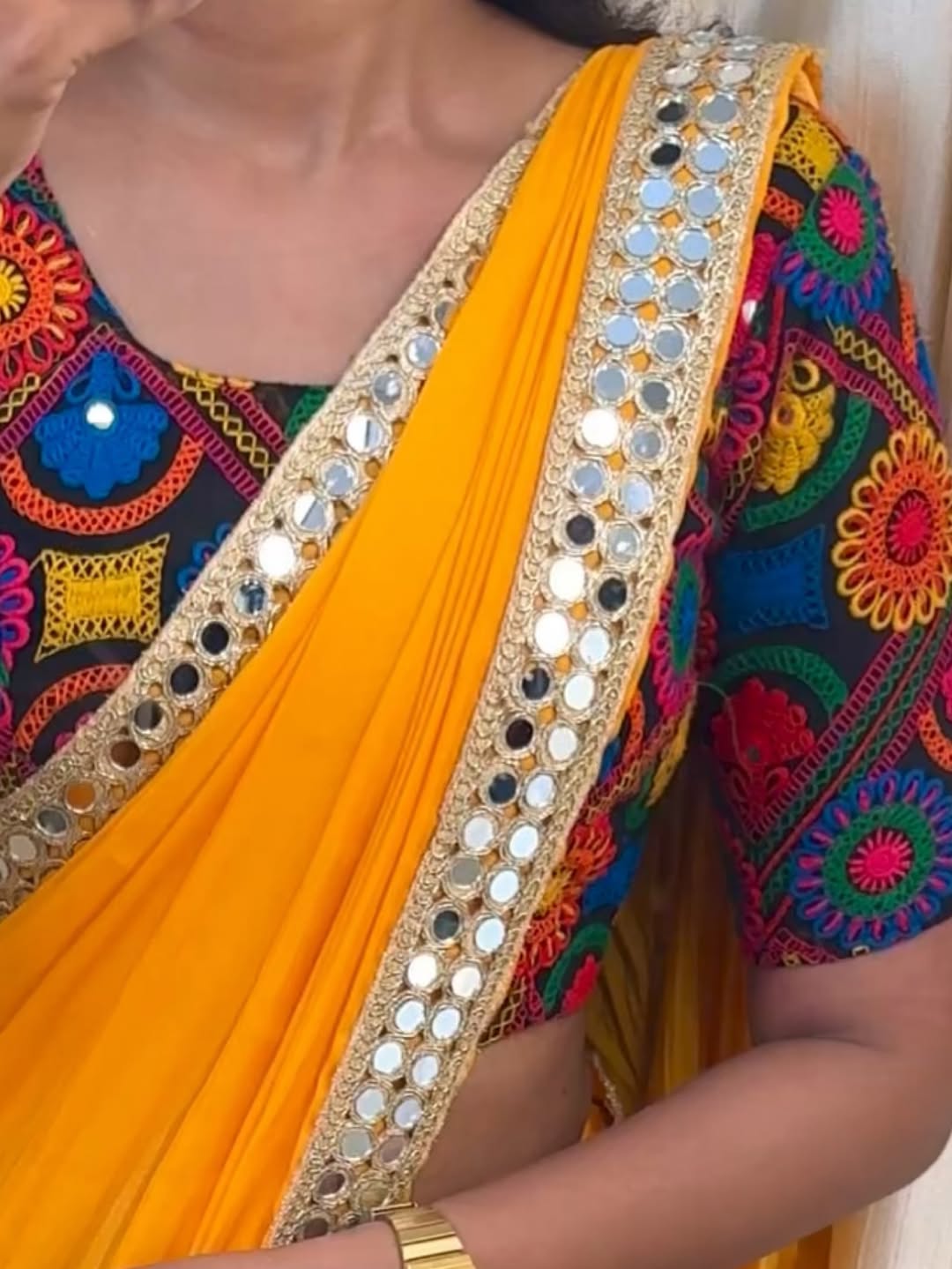 Mango malai silk with mirror lace.