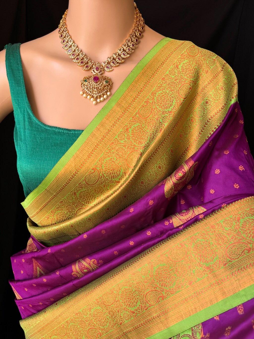 MAGENTA ART SILK SAREE WITH PEAR GREEN