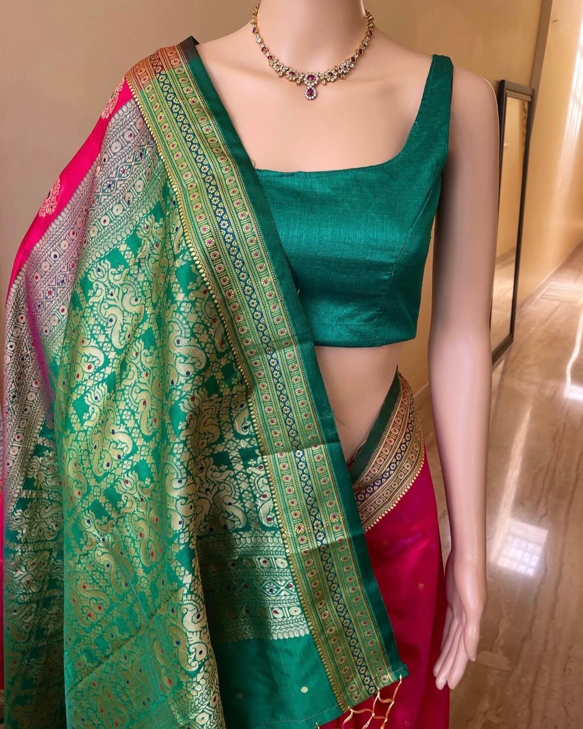 PINK SATIN SILK SAREE WITH GREEN BORDER