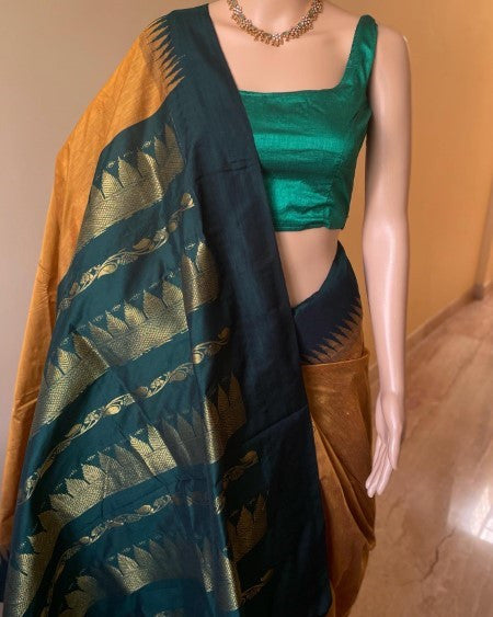 GOLDEN YELLOW COTTON SILK SAREE WITH BOTTLE GREEN TEMPLE BORDER