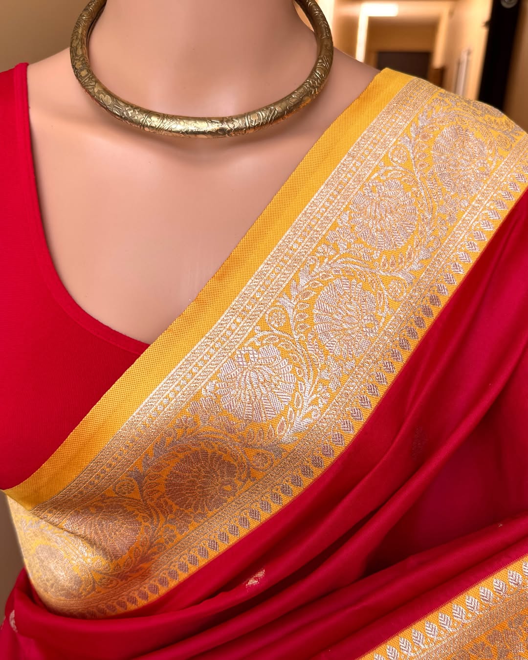 Yellow with Red Border Semi Modal Silk Saree. main image 1