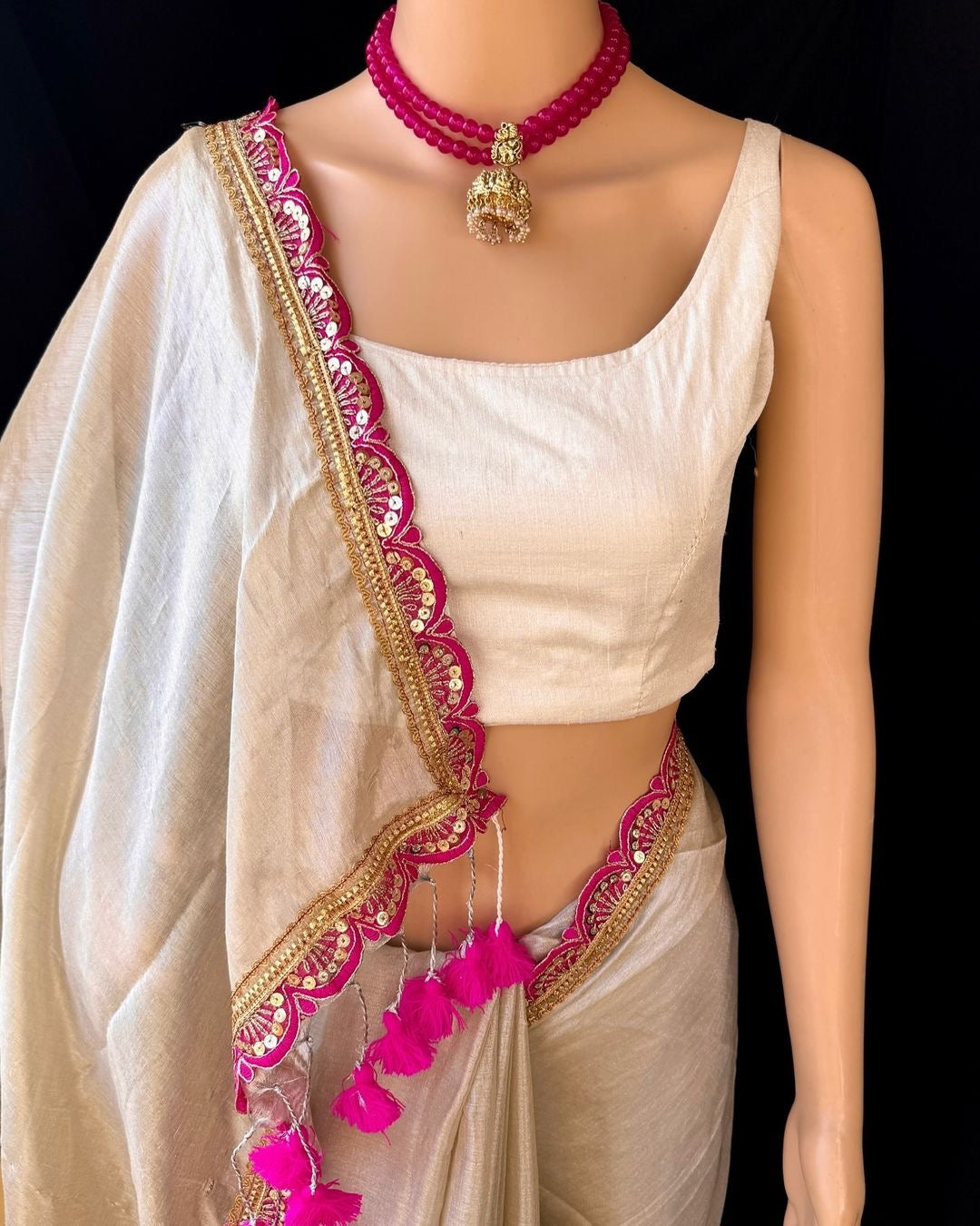 SILVER METALLIC TISSUE SAREE WITH PINK LACE