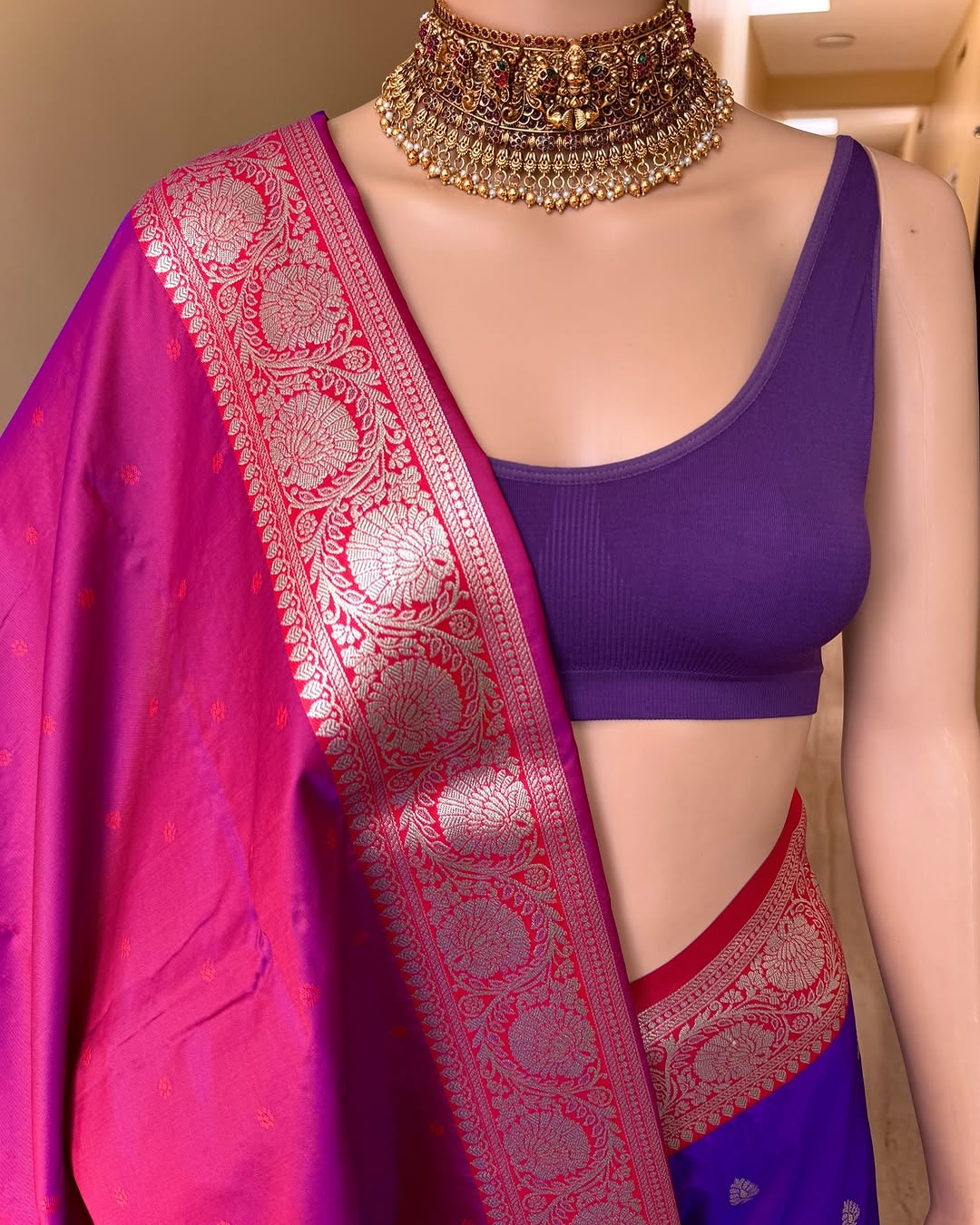 VIOLET ART SILK SAREE WITH RED BORDER