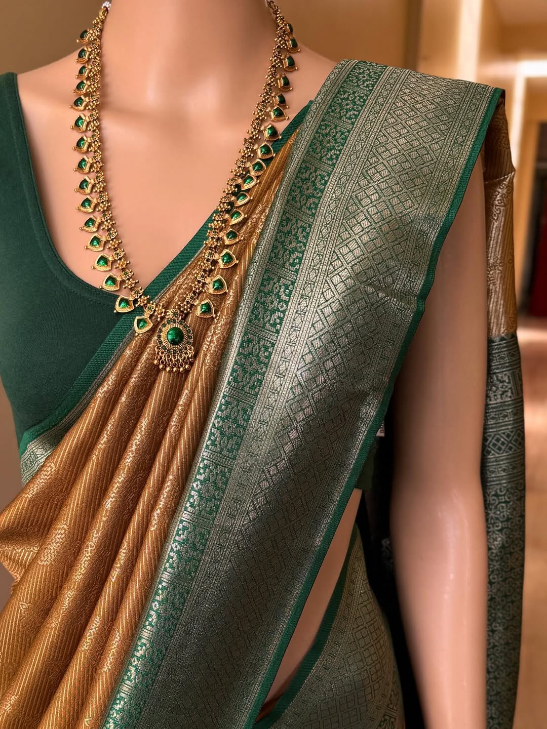 MUSTARD ART SILK SAREE WITH CONTRAST BOTTLE GREEN ZARI BORDER