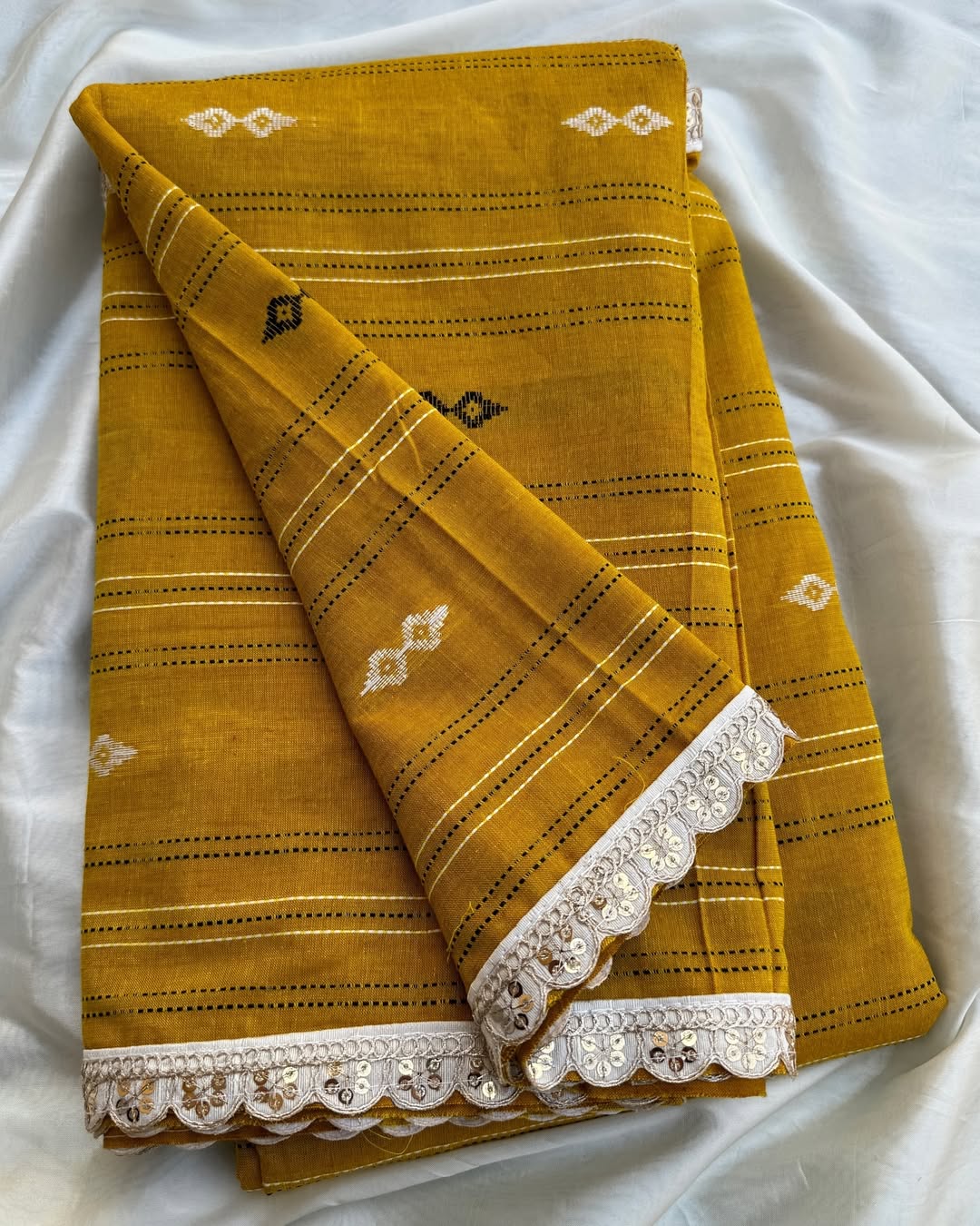 MUSTARD COTTON SAREE WITH LACE