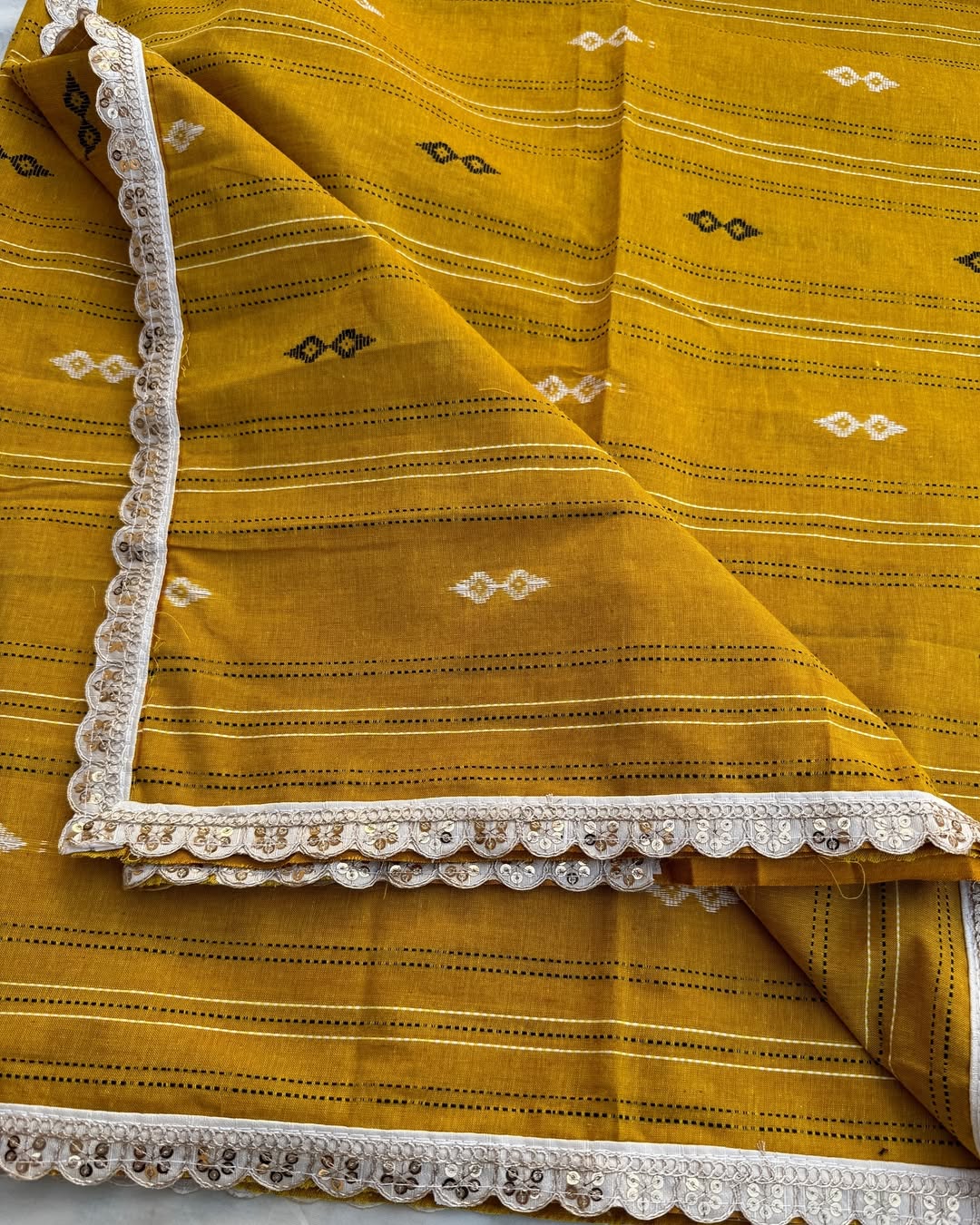 MUSTARD COTTON SAREE WITH LACE