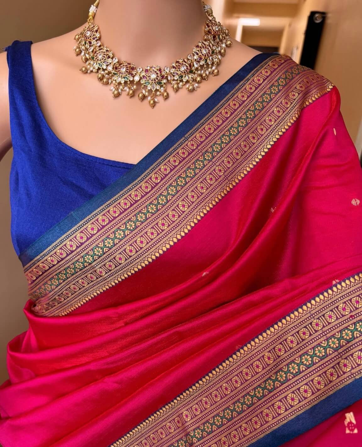 RANI PINK SATIN SILK SAREE WITH BLUE BORDER