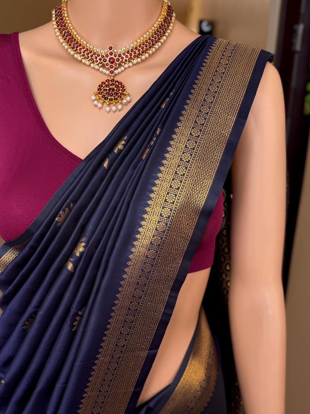 NAVY BLUE ART SILK SAREE WITH GOLDEN ZARI BORDER