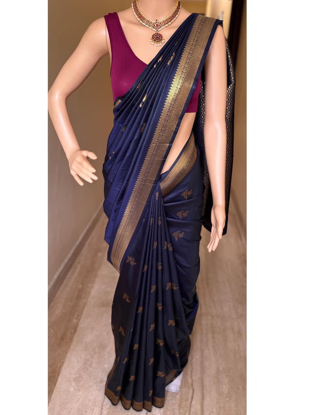 NAVY BLUE ART SILK SAREE WITH GOLDEN ZARI BORDER