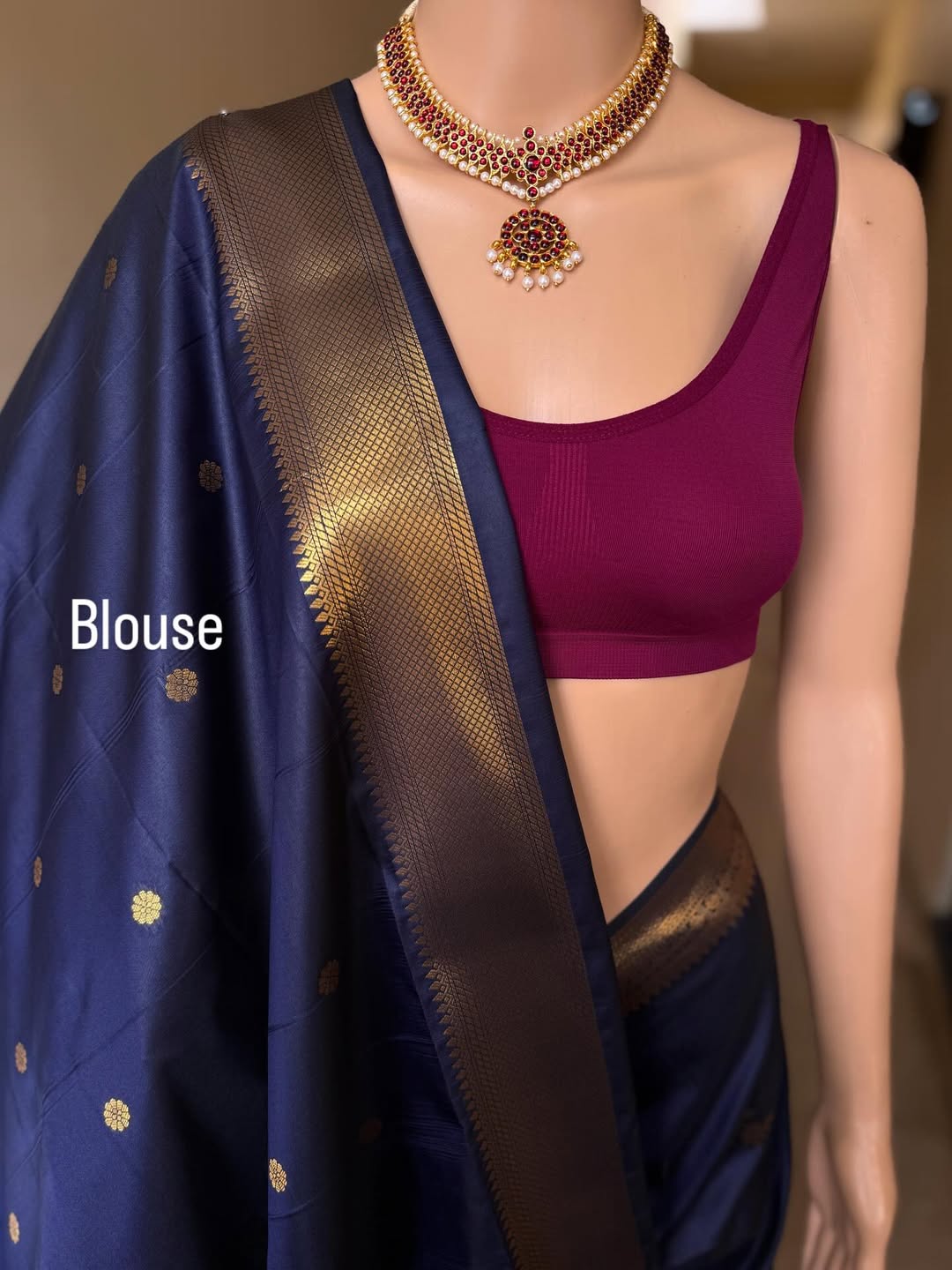 NAVY BLUE ART SILK SAREE WITH GOLDEN ZARI BORDER