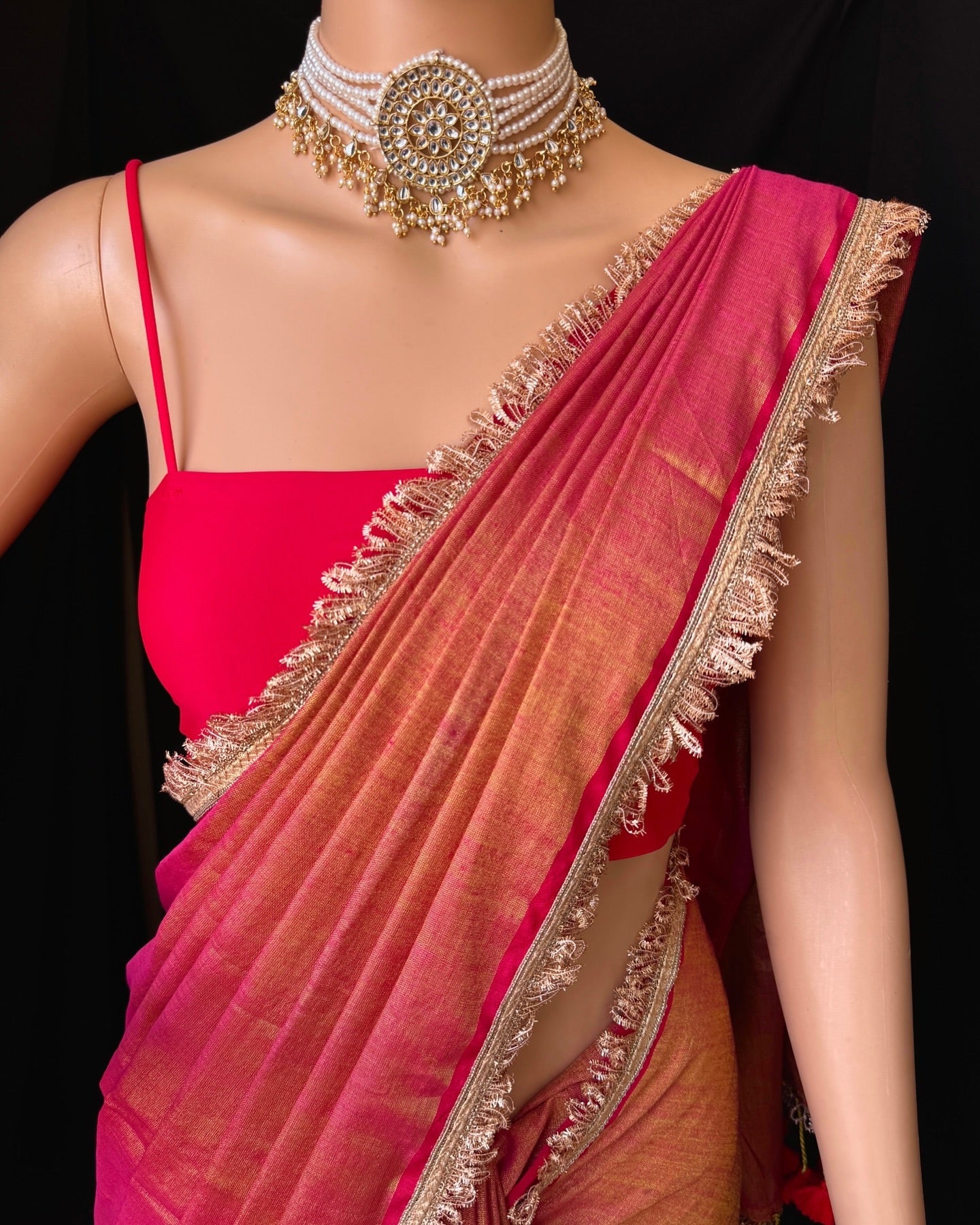 PINK GOLD TISSUE SAREE WITH LACE