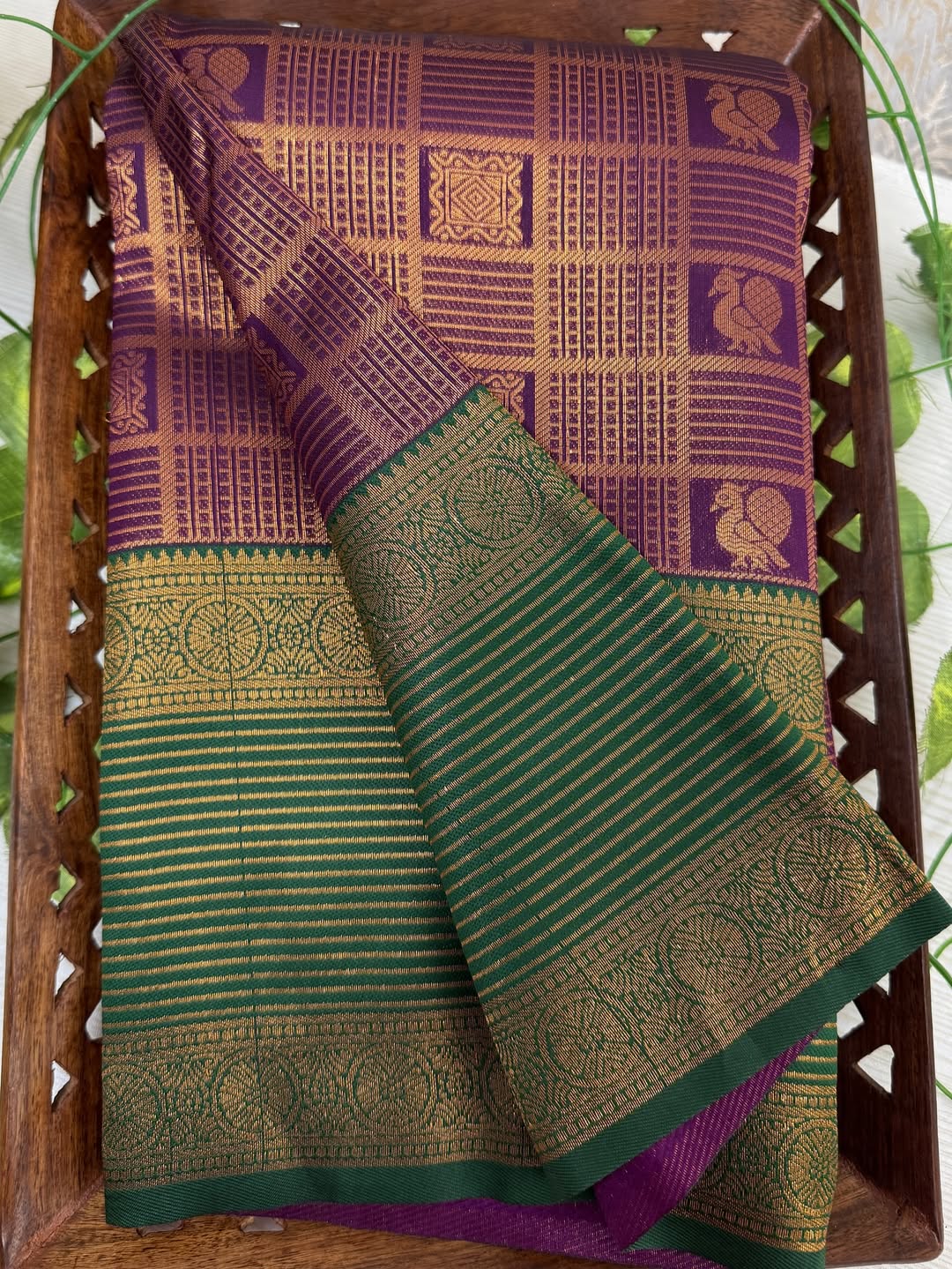 PURPLE ART SILK SAREE WITH BOTTLE GREEN BORDER