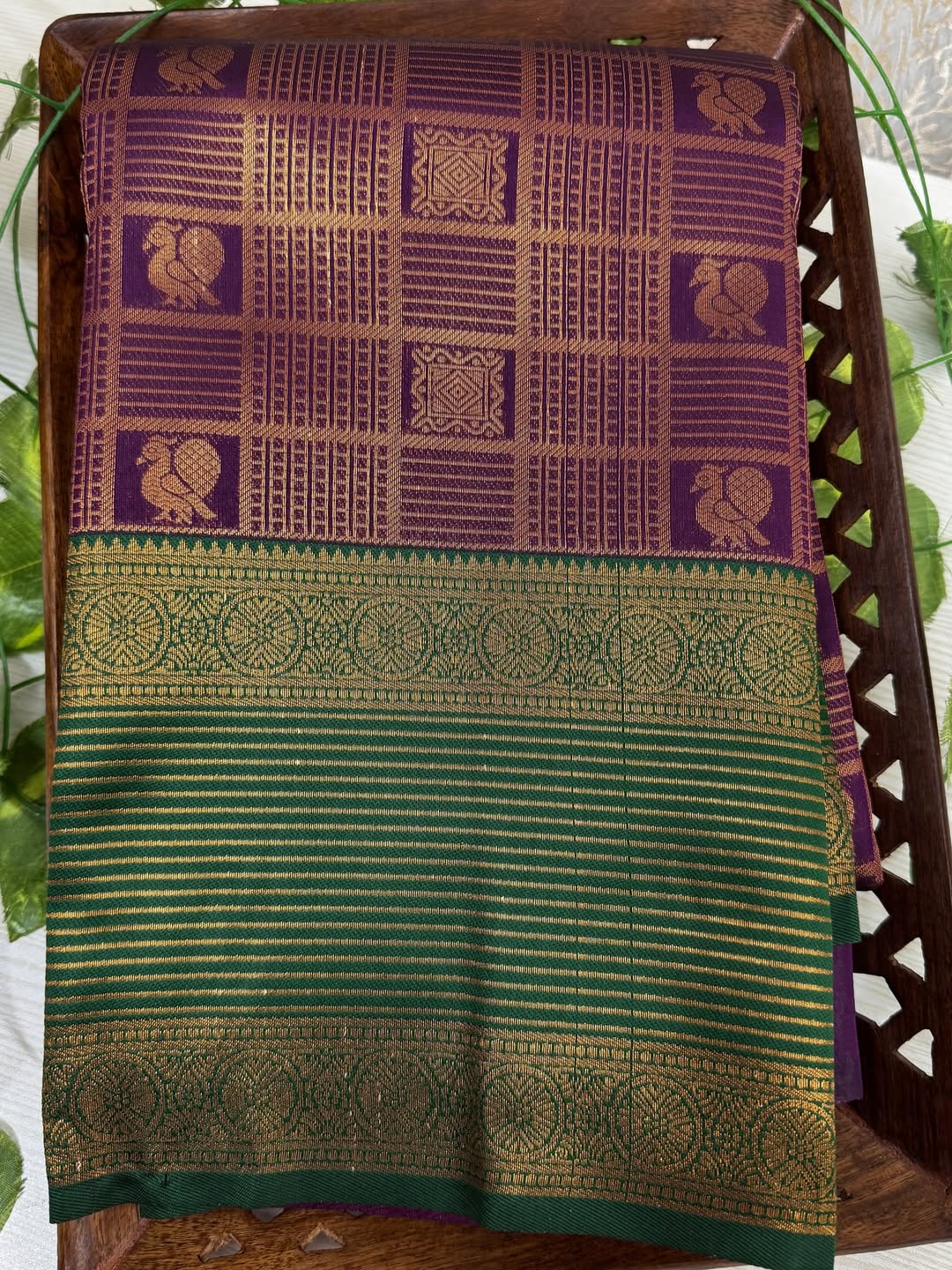 PURPLE ART SILK SAREE WITH BOTTLE GREEN BORDER