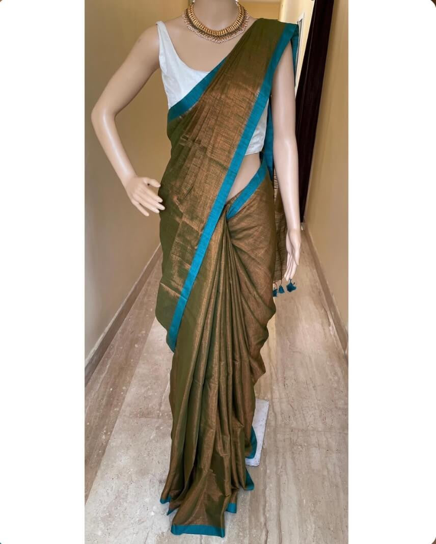 OLIVE GREEN TISSUE COTTON SAREE