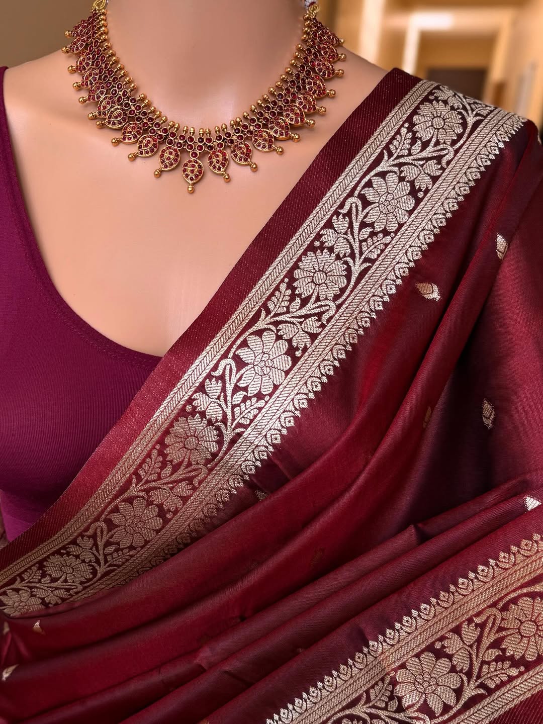MAROON SOFT SEMI BANARASI ART SILK SAREE WITH GOLDEN ZARI WEAVE BORDER