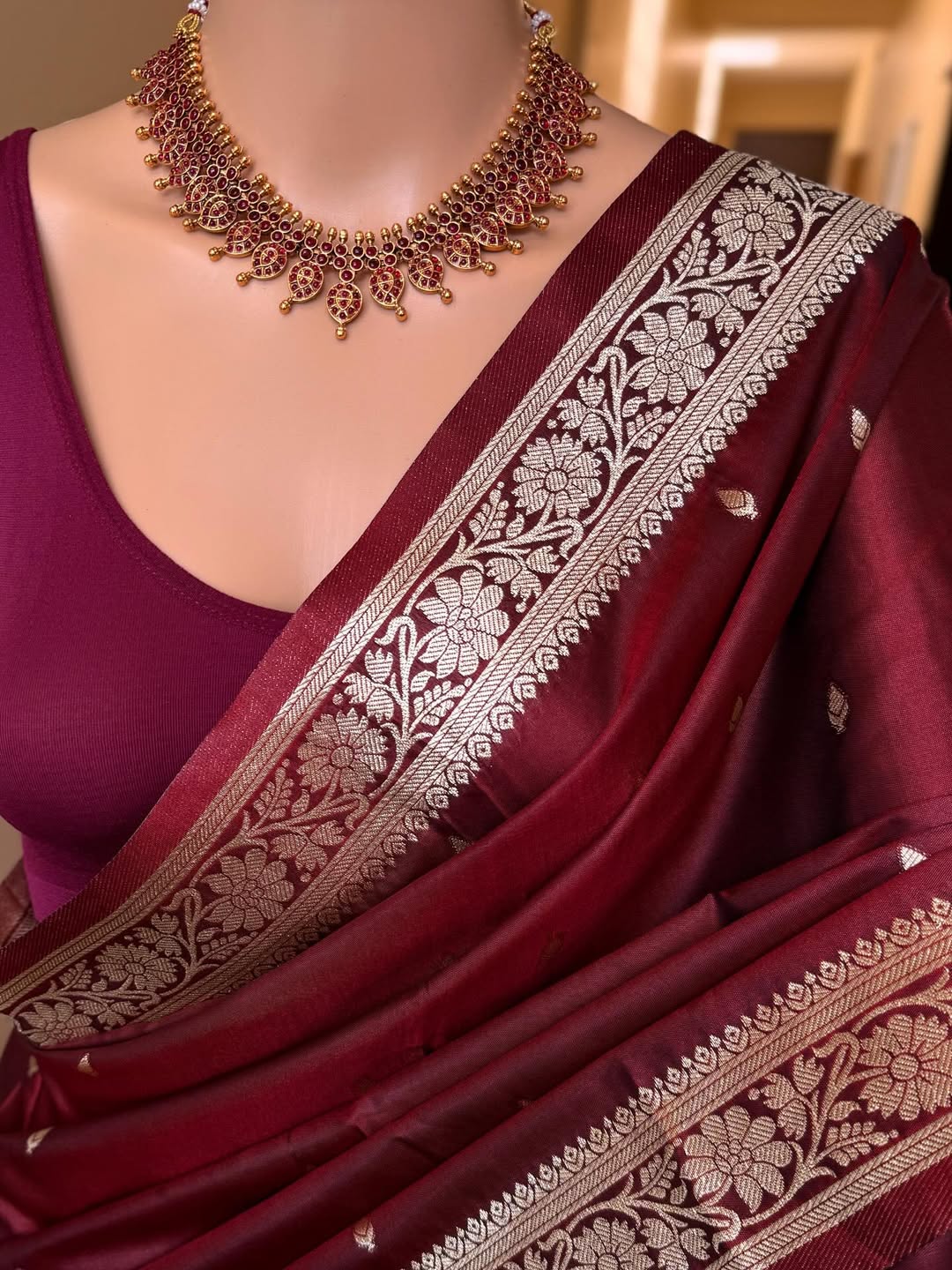 MAROON SOFT SEMI BANARASI ART SILK SAREE WITH GOLDEN ZARI WEAVE BORDER