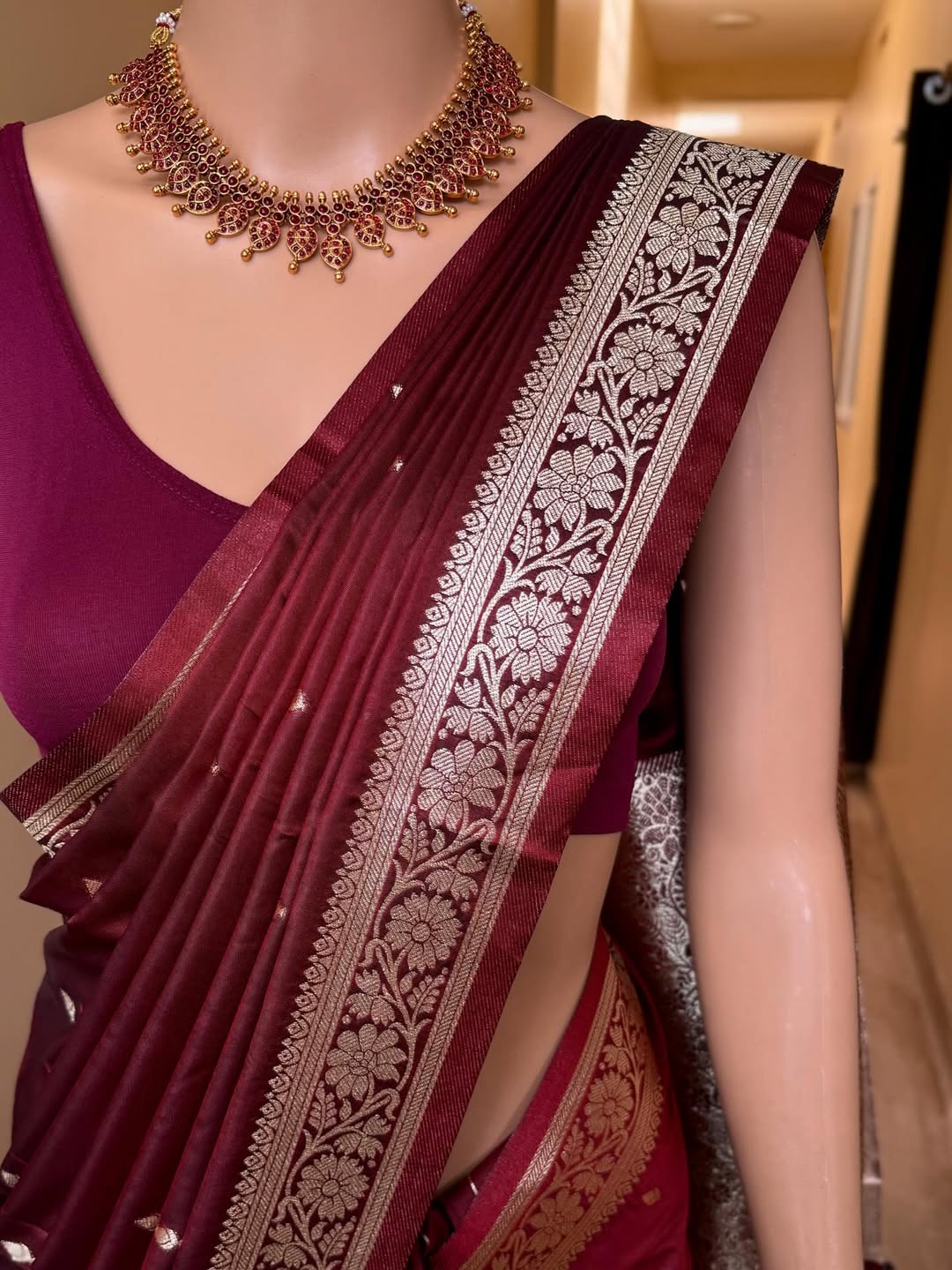 MAROON SOFT SEMI BANARASI ART SILK SAREE WITH GOLDEN ZARI WEAVE BORDER