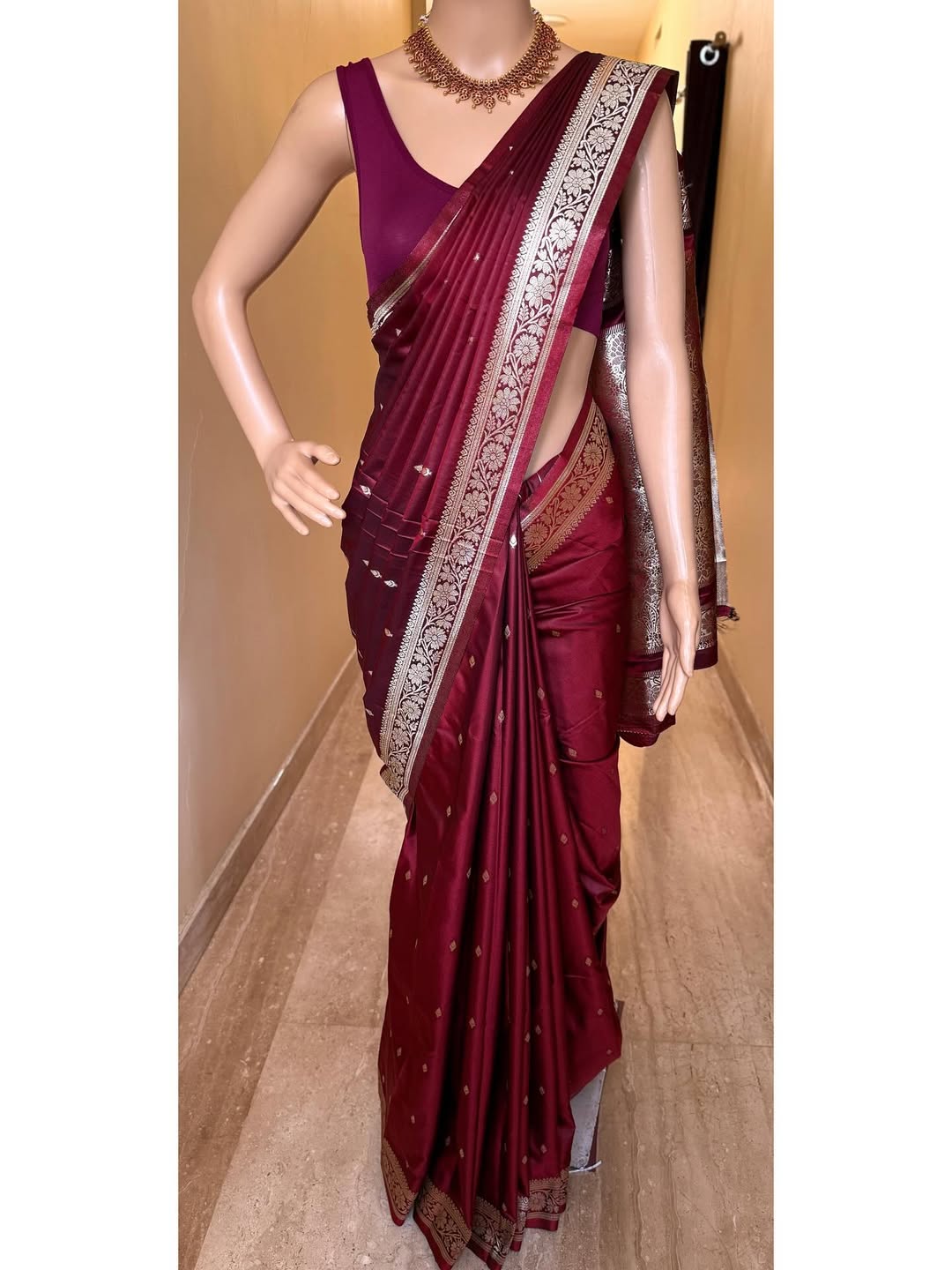 MAROON SOFT SEMI BANARASI ART SILK SAREE WITH GOLDEN ZARI WEAVE BORDER