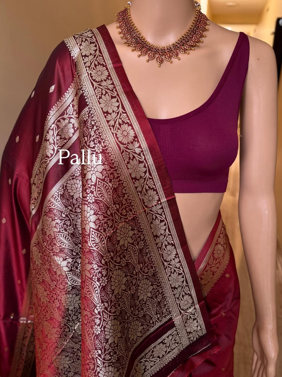 MAROON SOFT SEMI BANARASI ART SILK SAREE WITH GOLDEN ZARI WEAVE BORDER